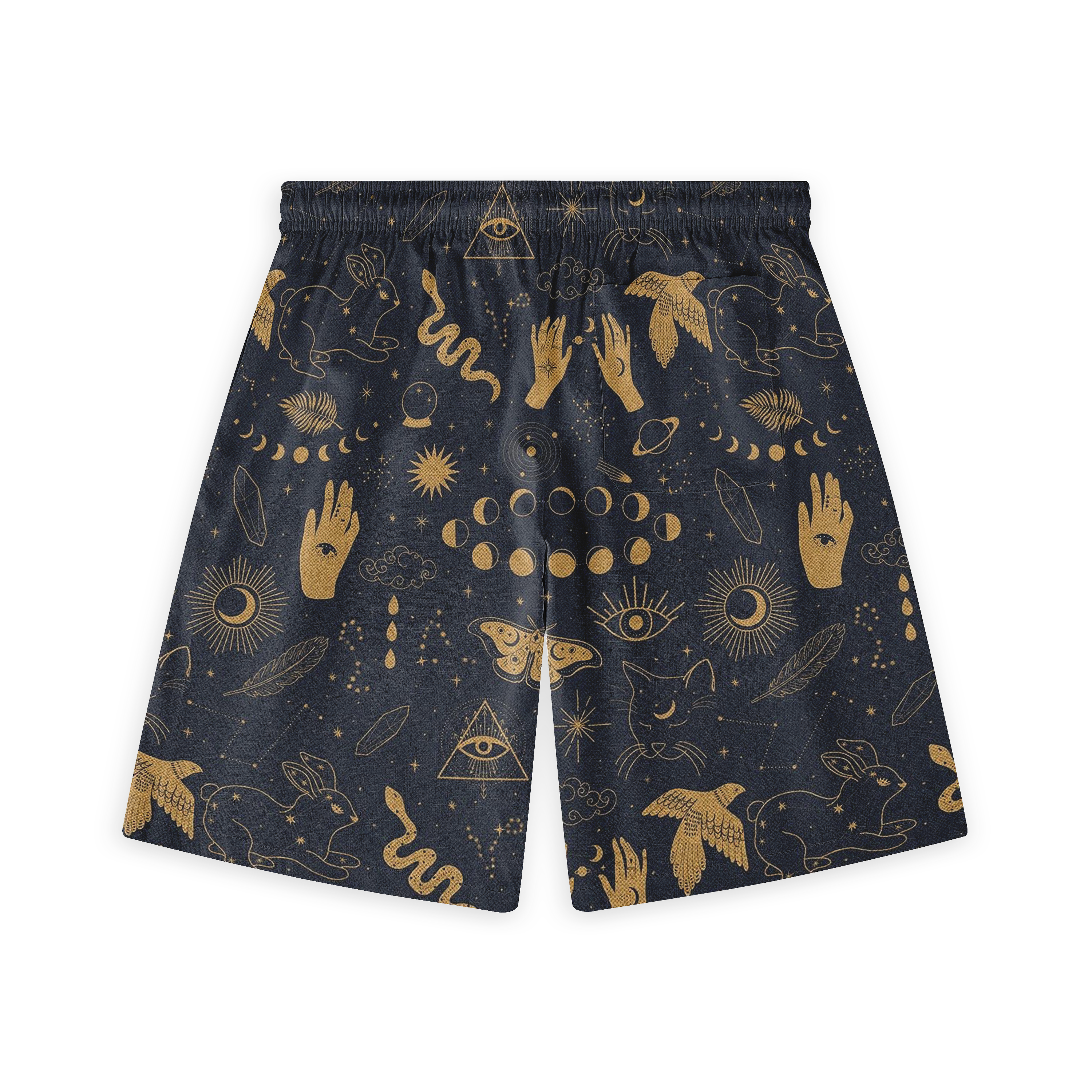 Dark blue shorts with gold mystical patterns including eyes, moons.