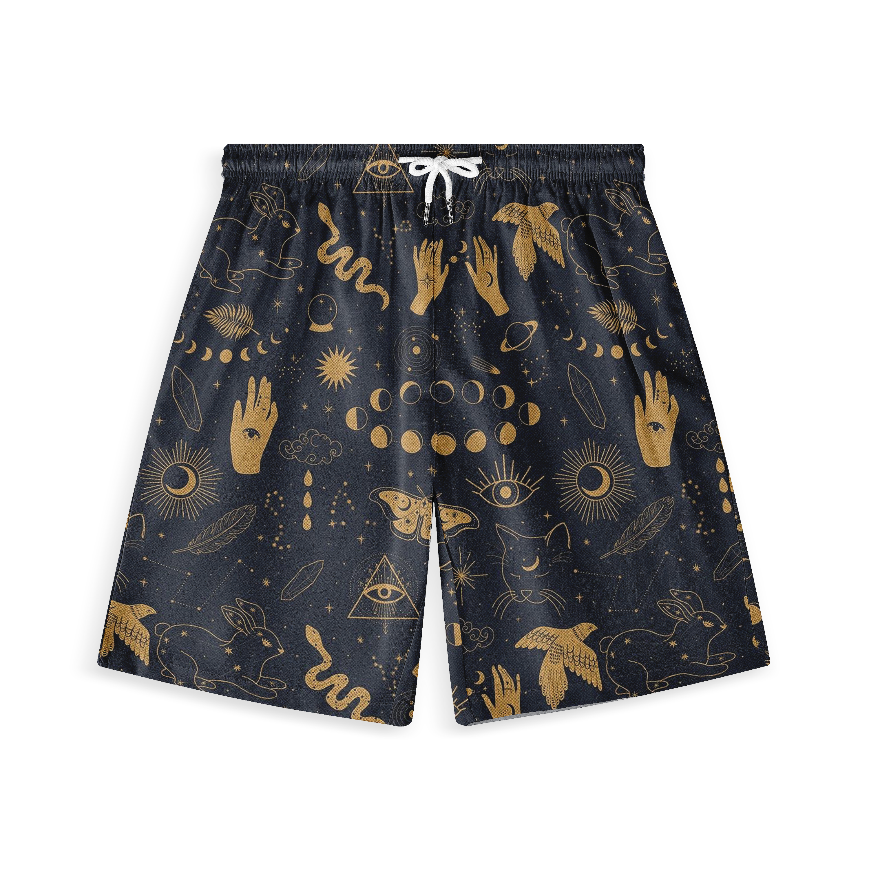 Dark blue shorts with gold mystical patterns including moons, eyes.