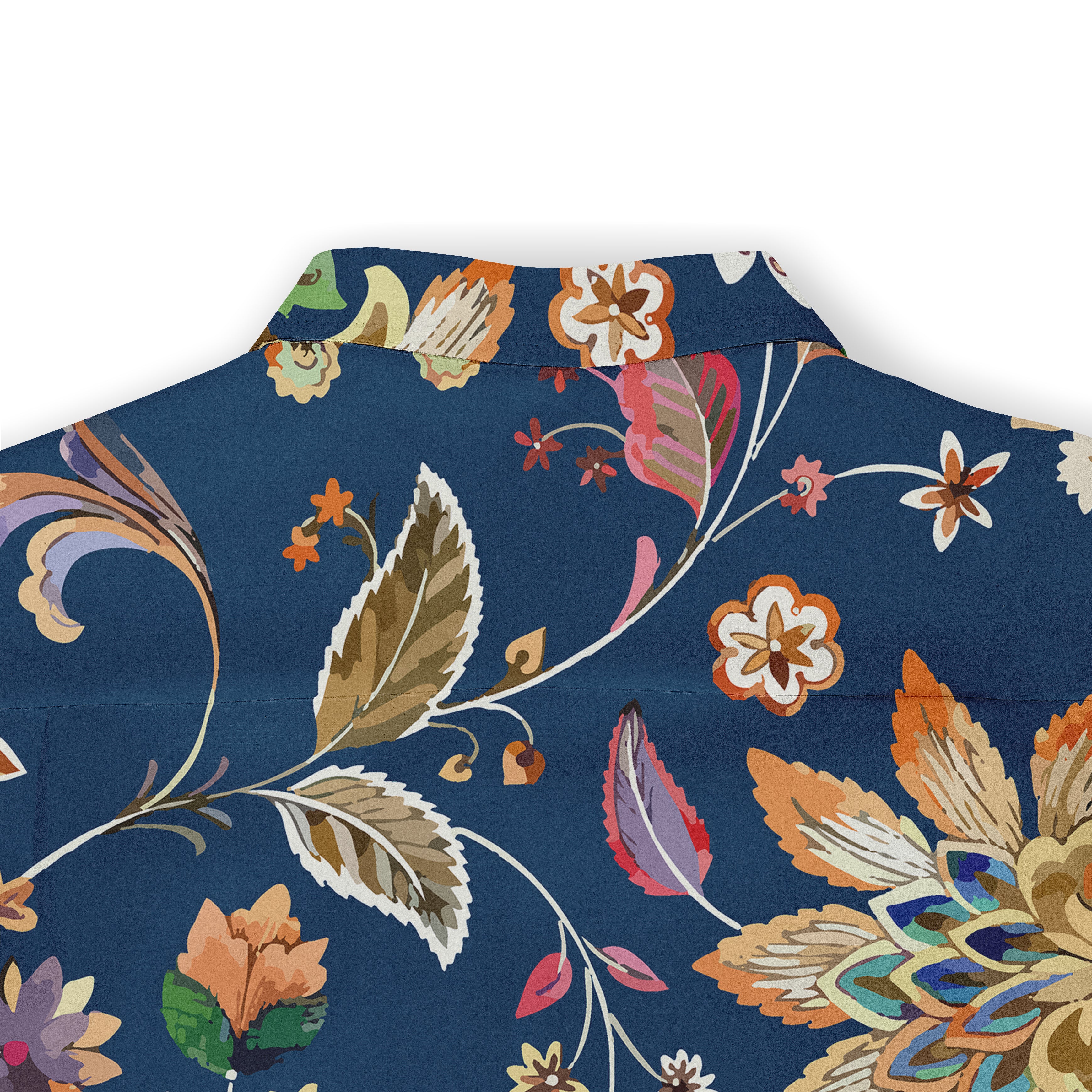 Navy blue shirt with colorful floral and leaf pattern.