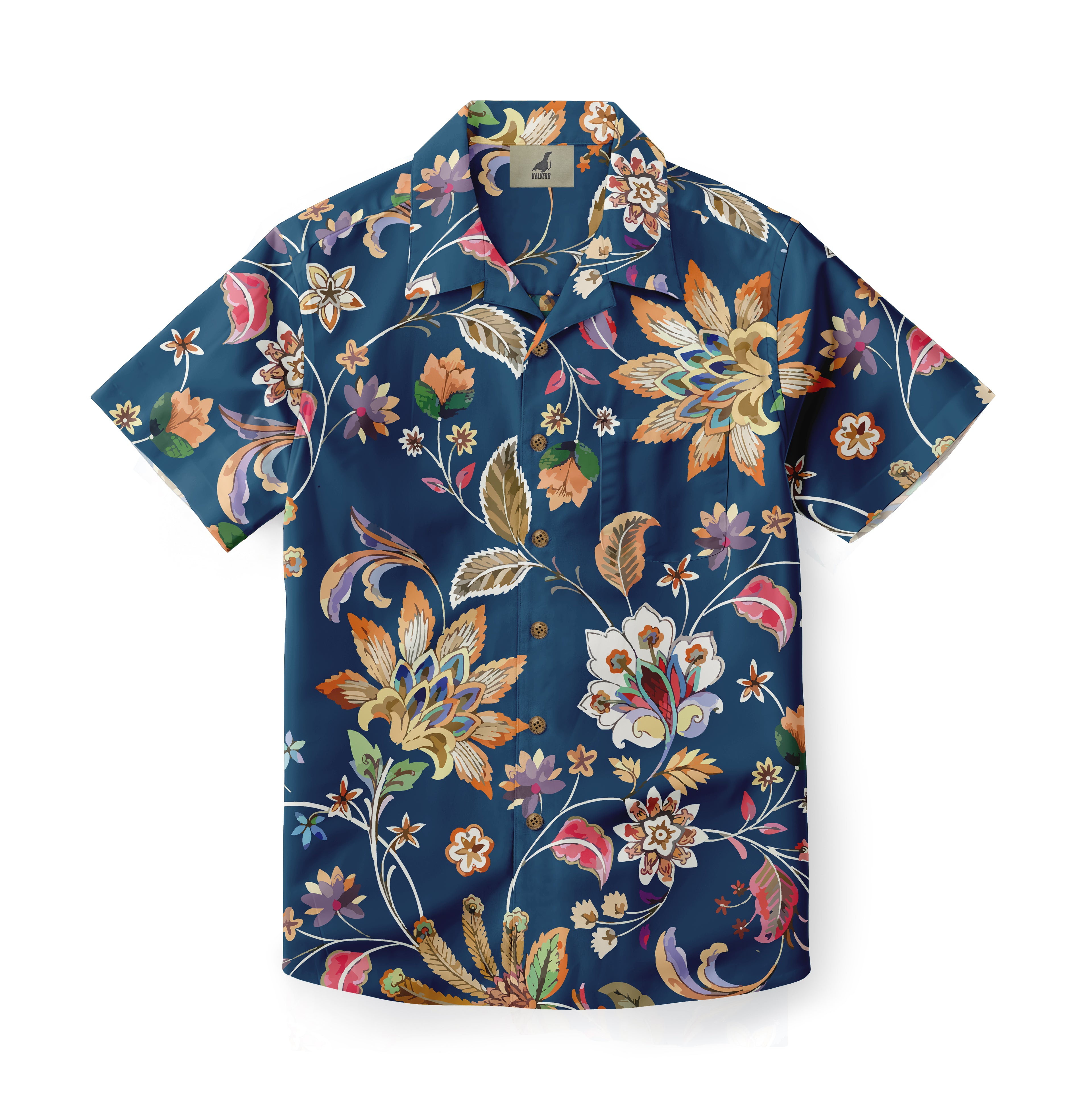 Blue floral short-sleeve shirt with vibrant colors and patterns.