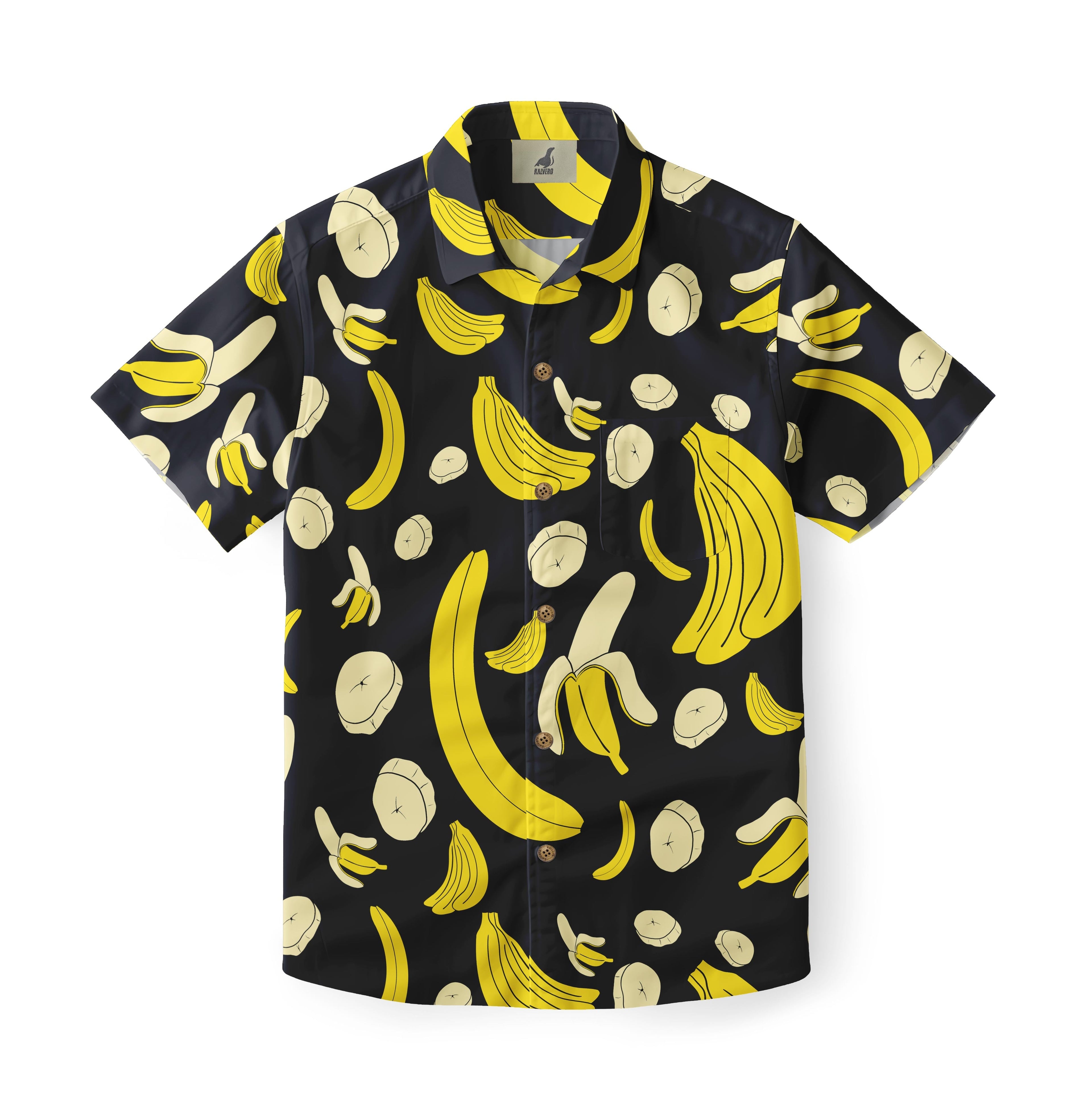 Black short-sleeve shirt with vibrant yellow banana print, featuring.