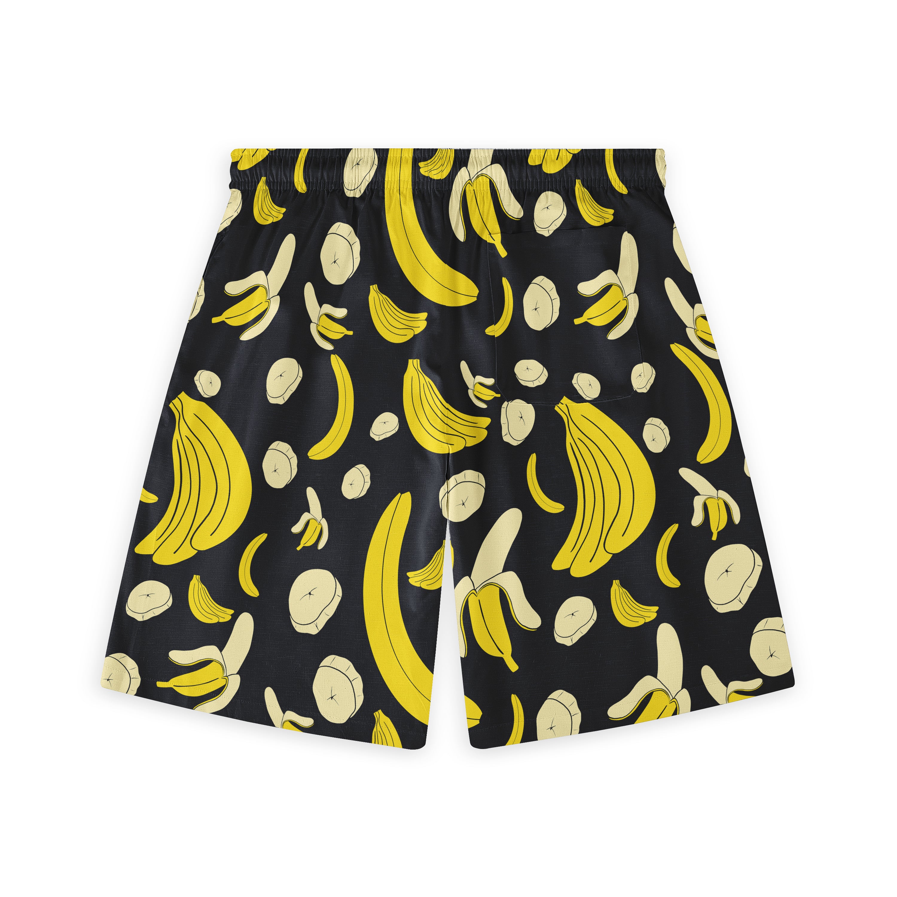 Black shorts with a playful yellow banana print, featuring whole.