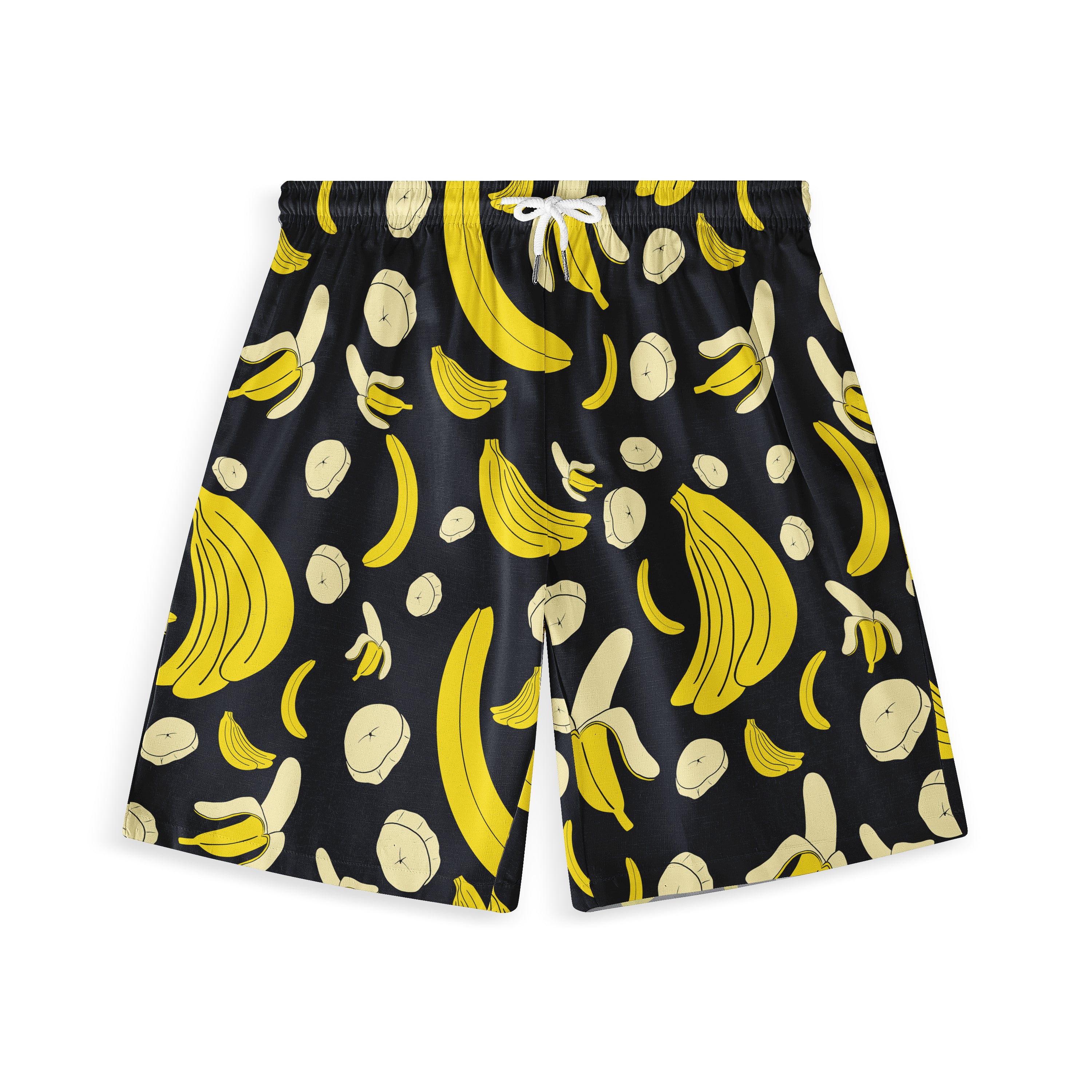 Black swim shorts with a vibrant banana print, featuring whole.
