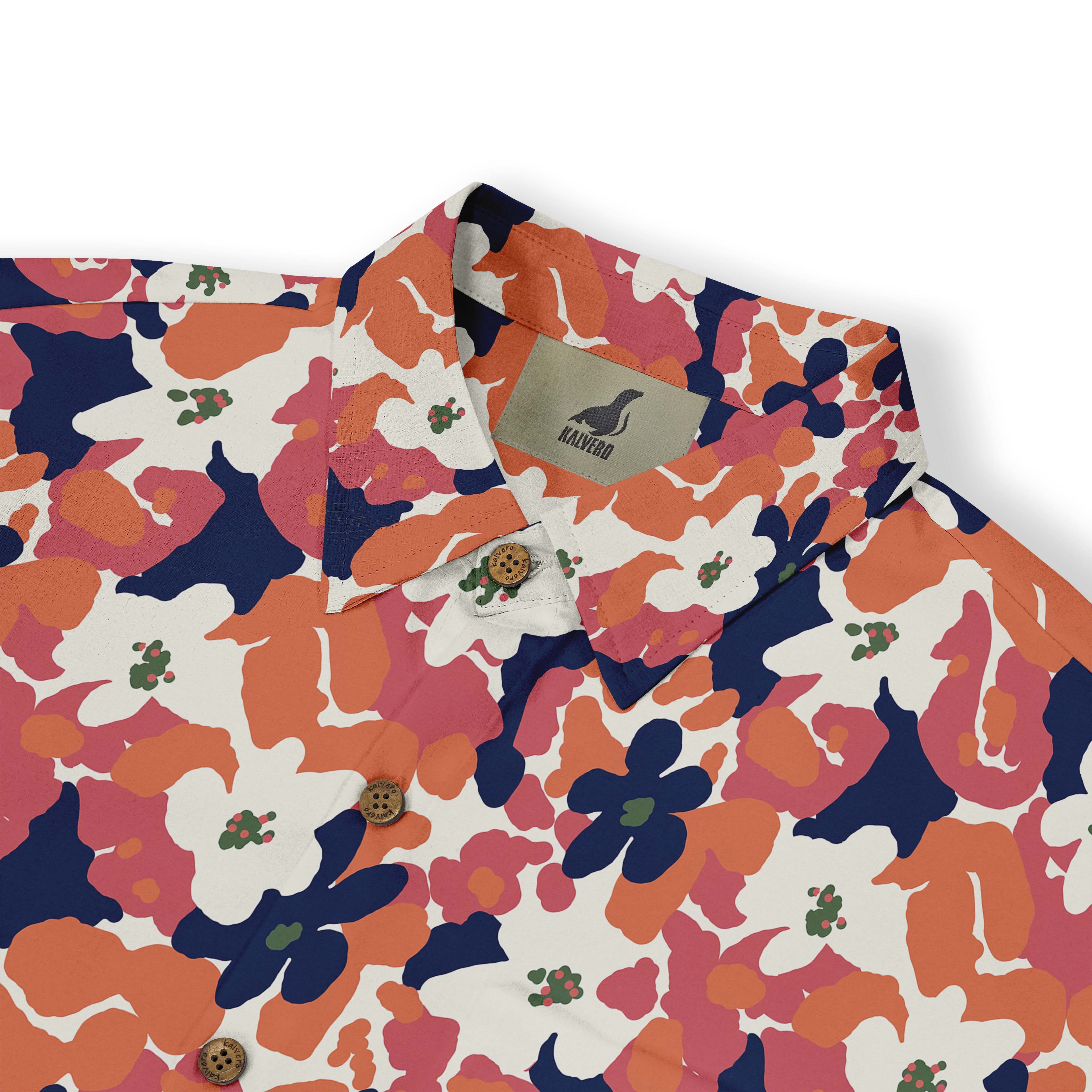 Colorful floral shirt with buttons and brand tag.