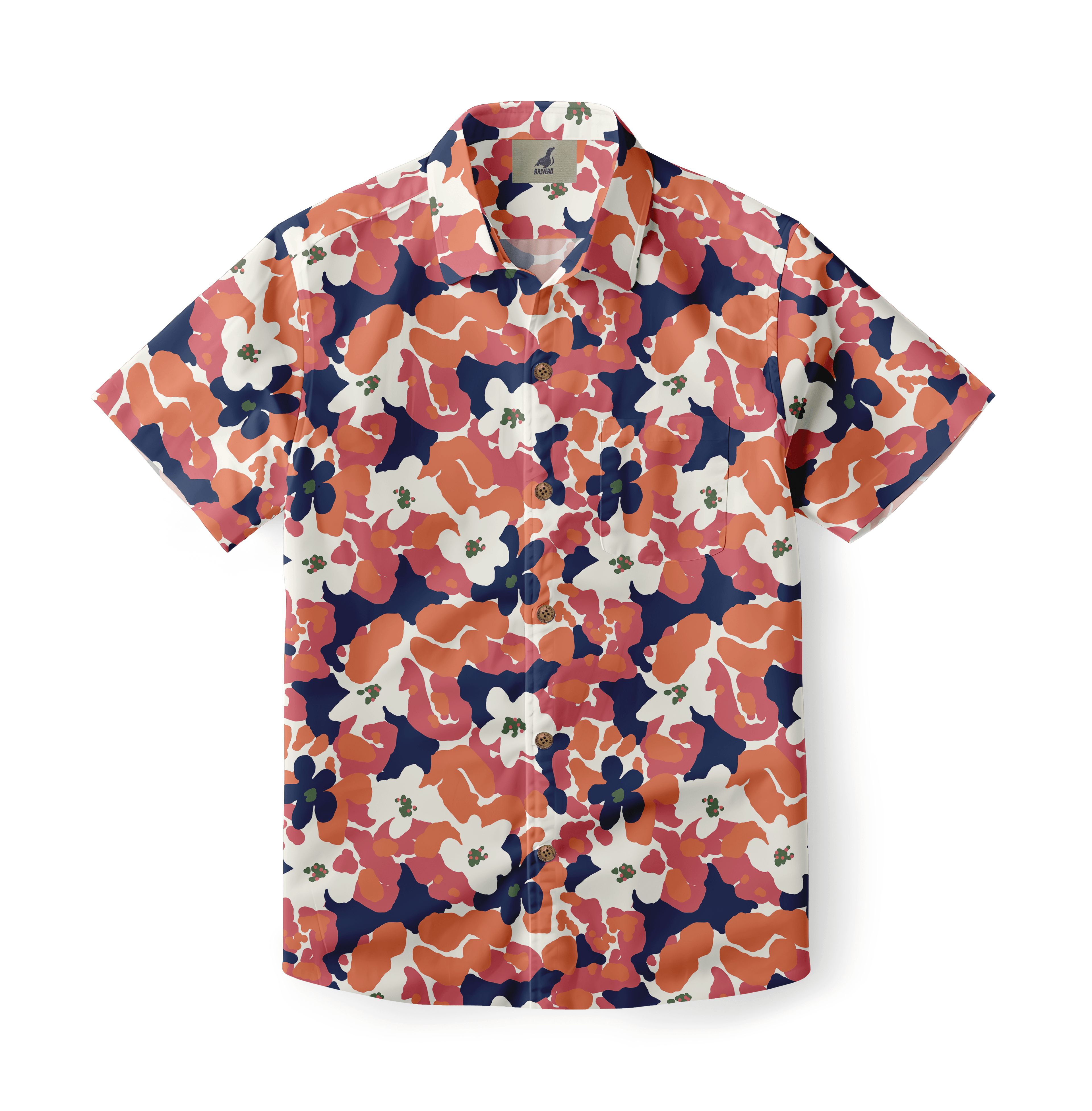 Colorful floral short-sleeve shirt with button closure.