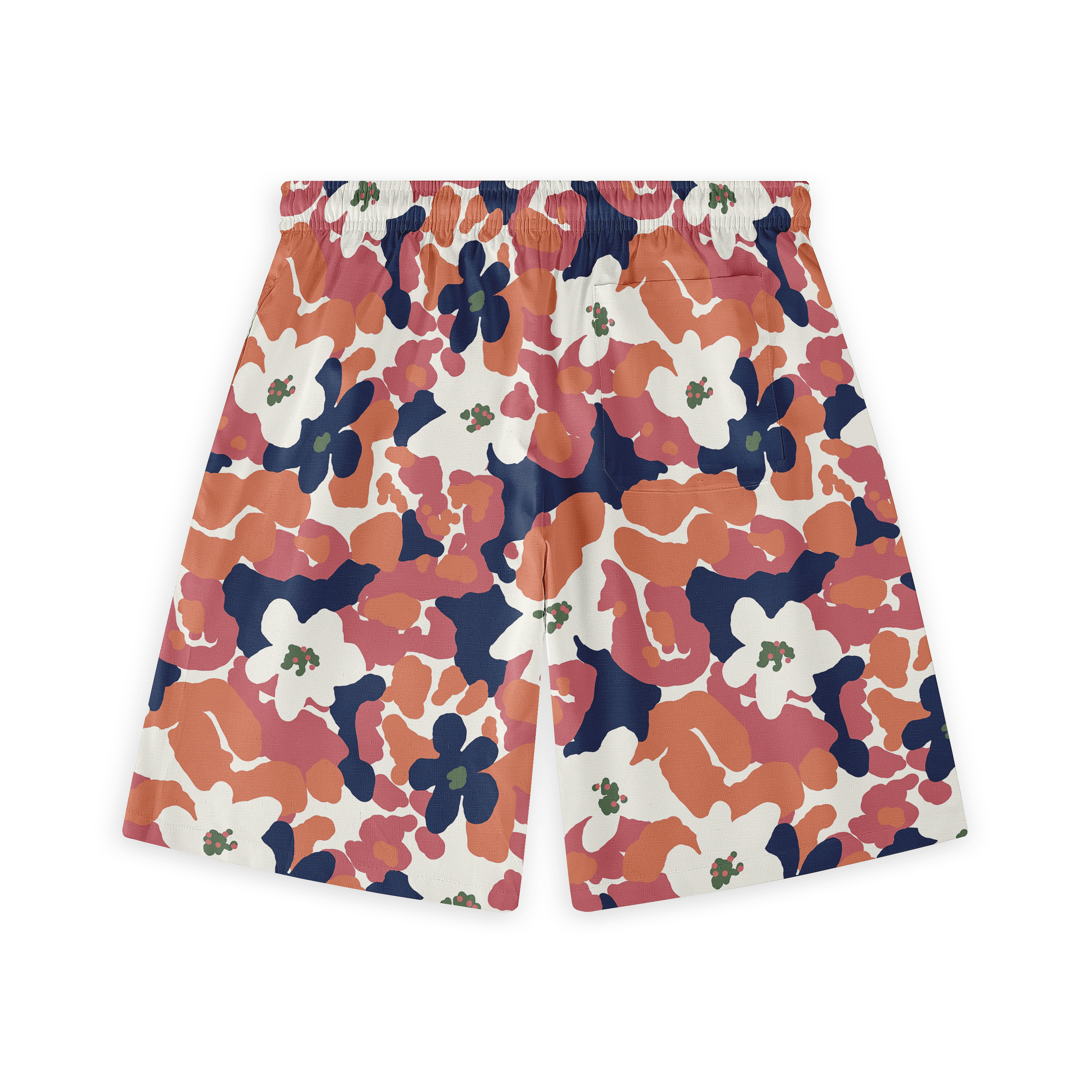 Colorful floral shorts with orange, pink, and navy pattern.