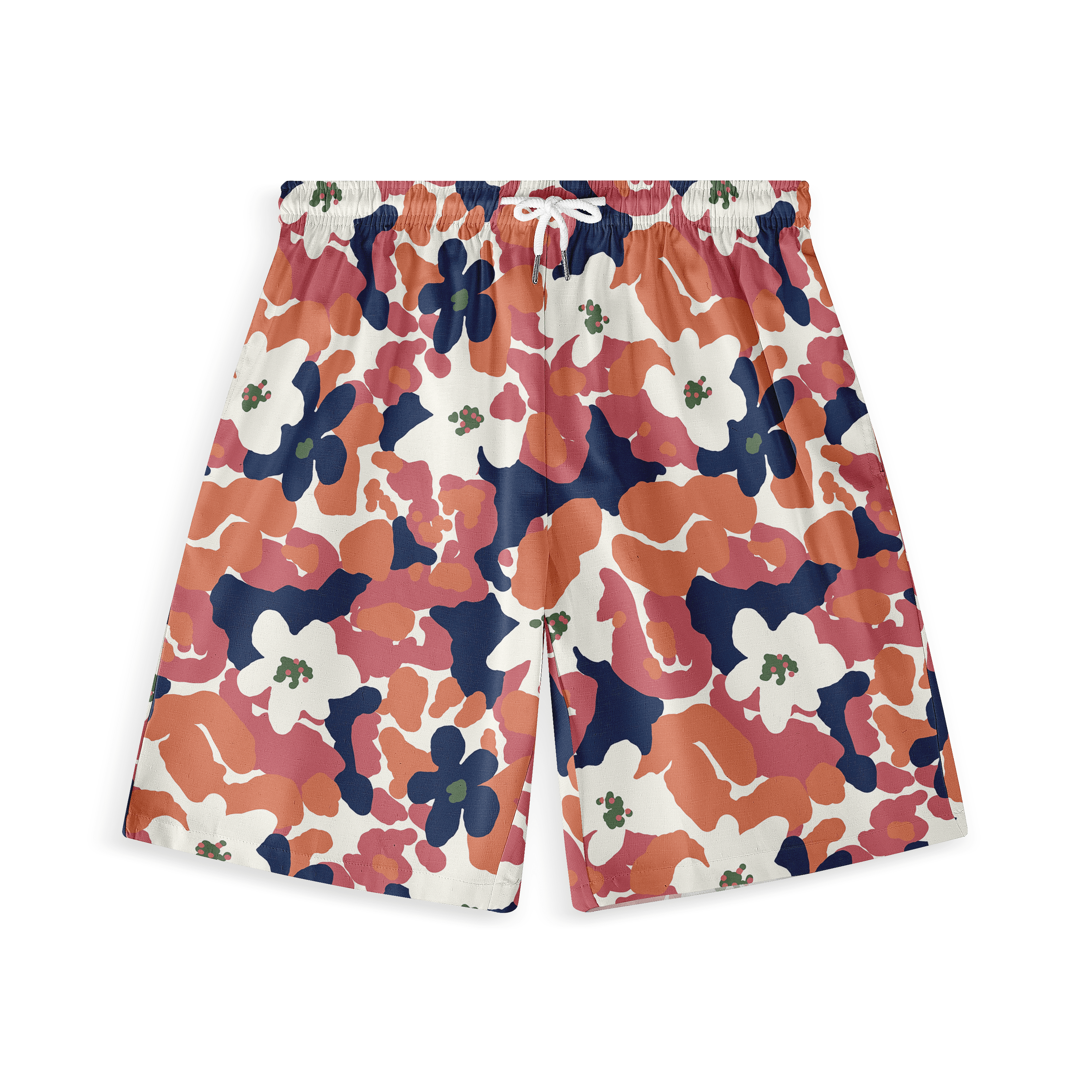 Colorful floral camo shorts with drawstring waist.