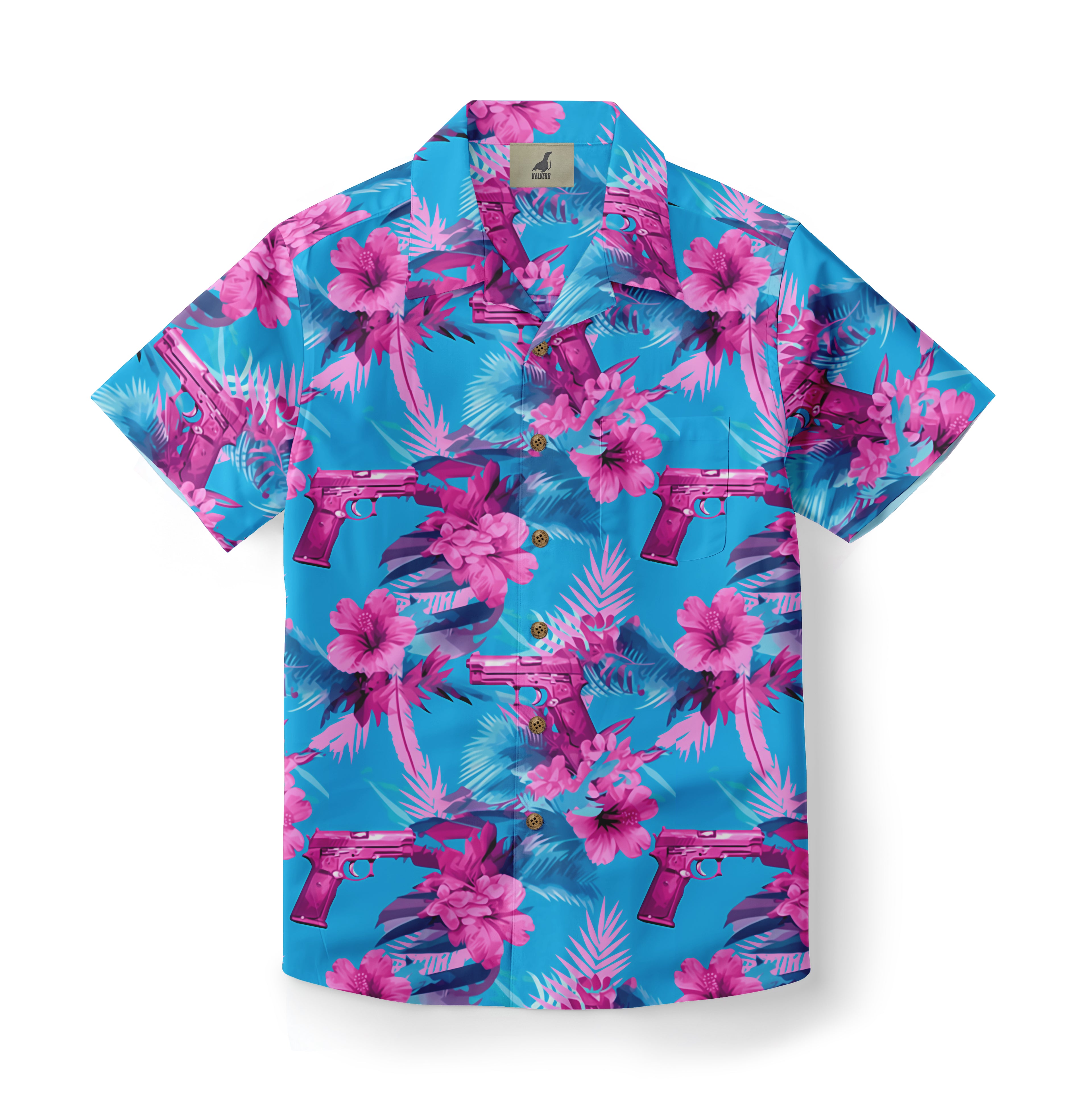 Blue shirt with pink guns and flowers pattern.
