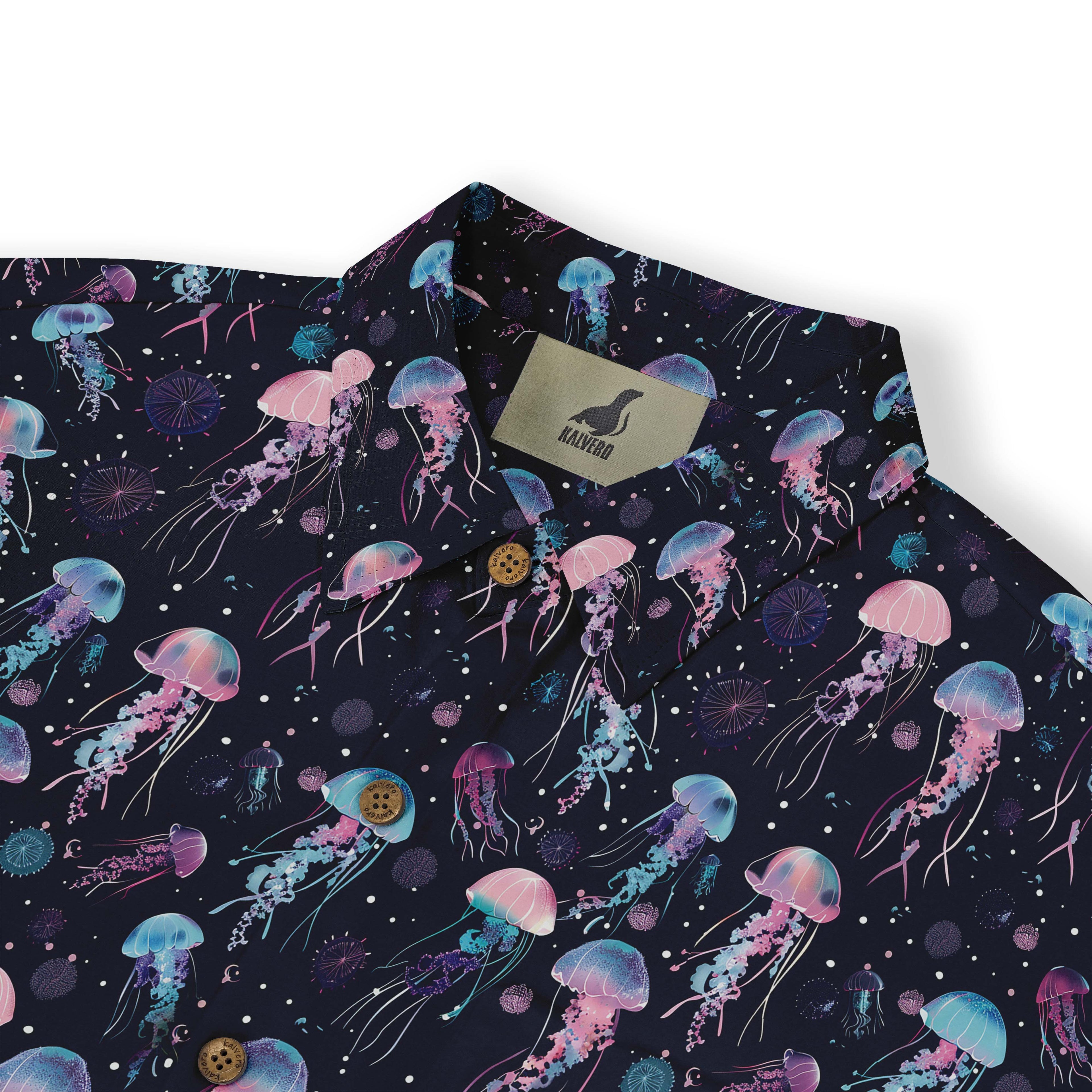 Dark shirt with colorful jellyfish print and logo tag.