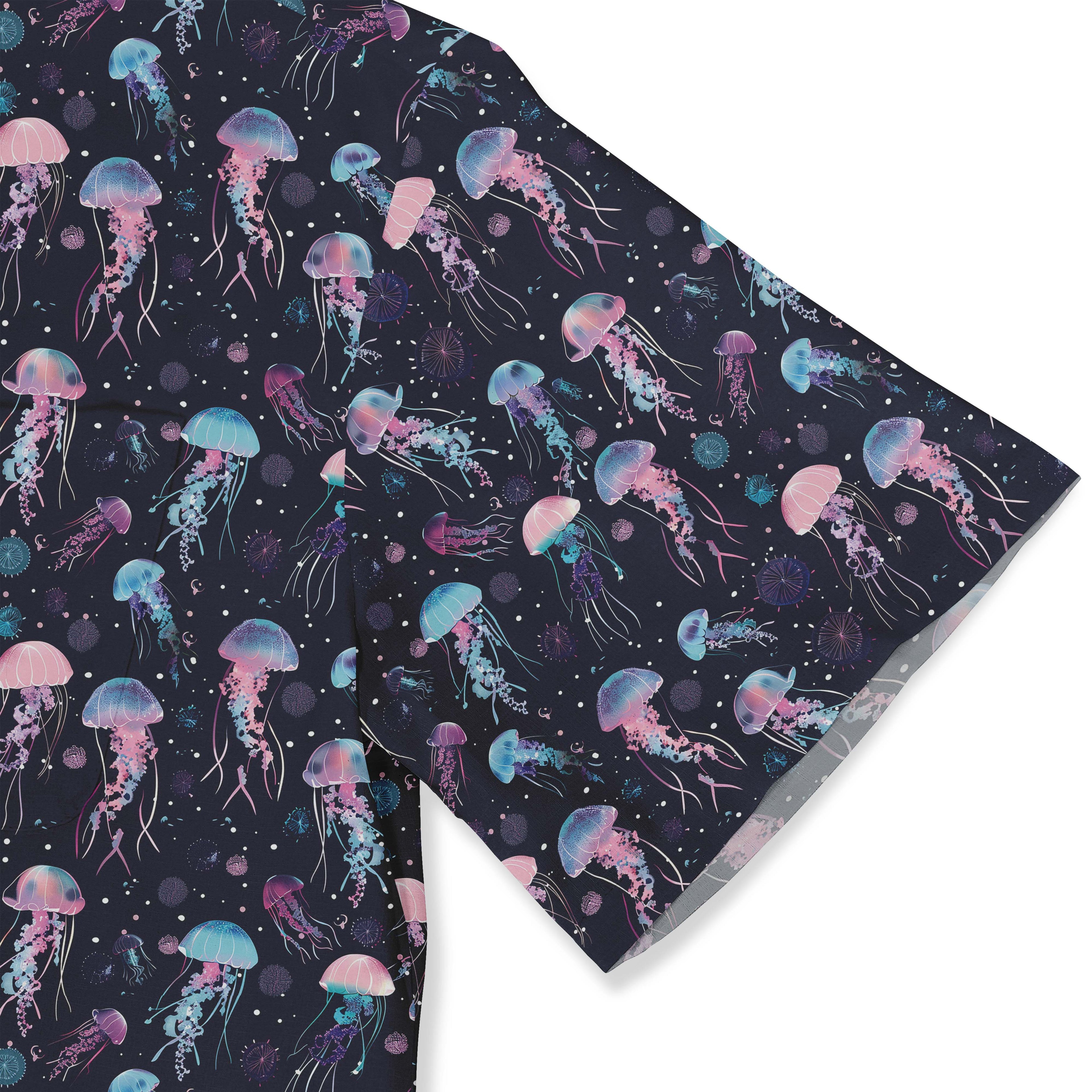 Dark fabric with colorful jellyfish and polka dots pattern.