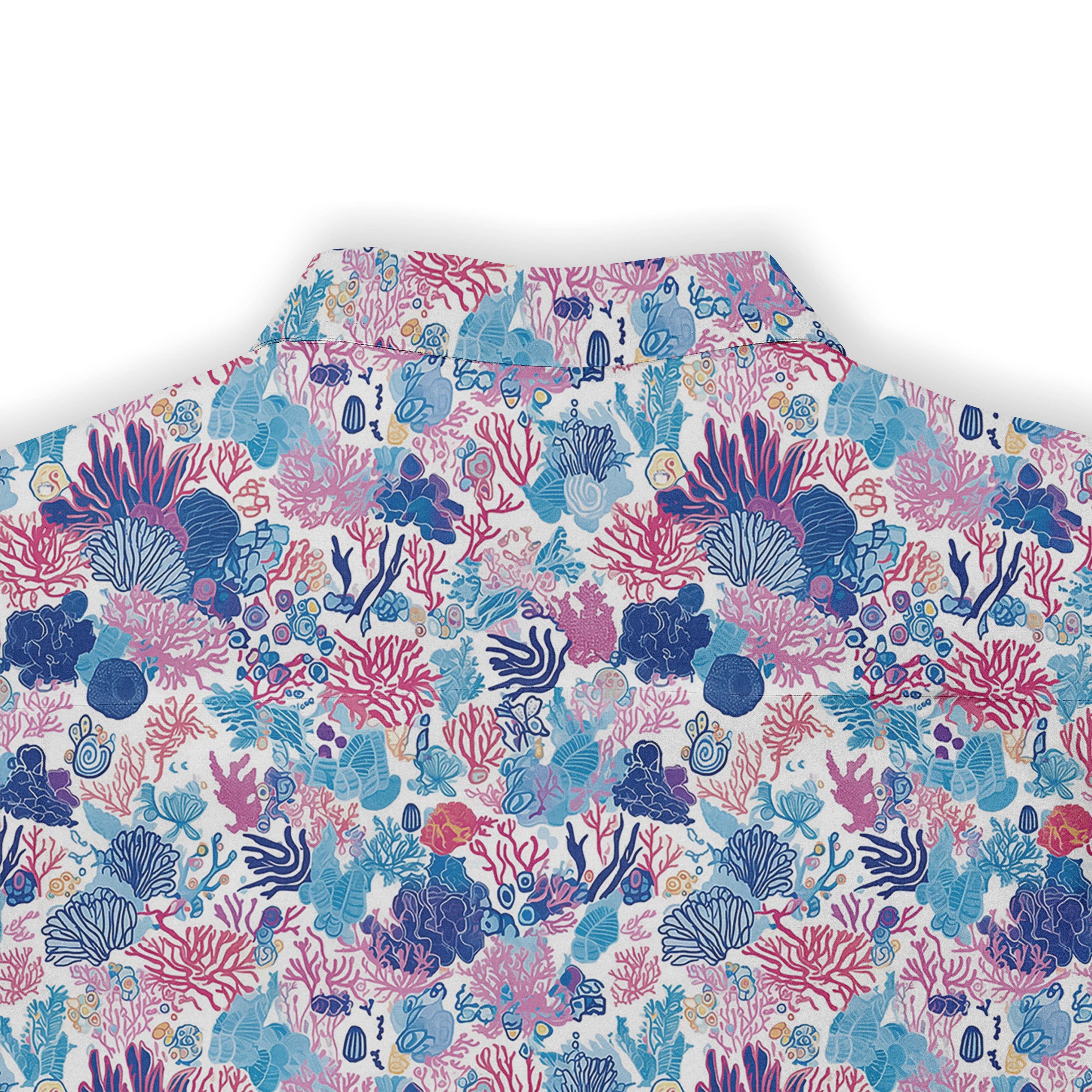 Colorful coral reef pattern fabric, blue and pink design.
