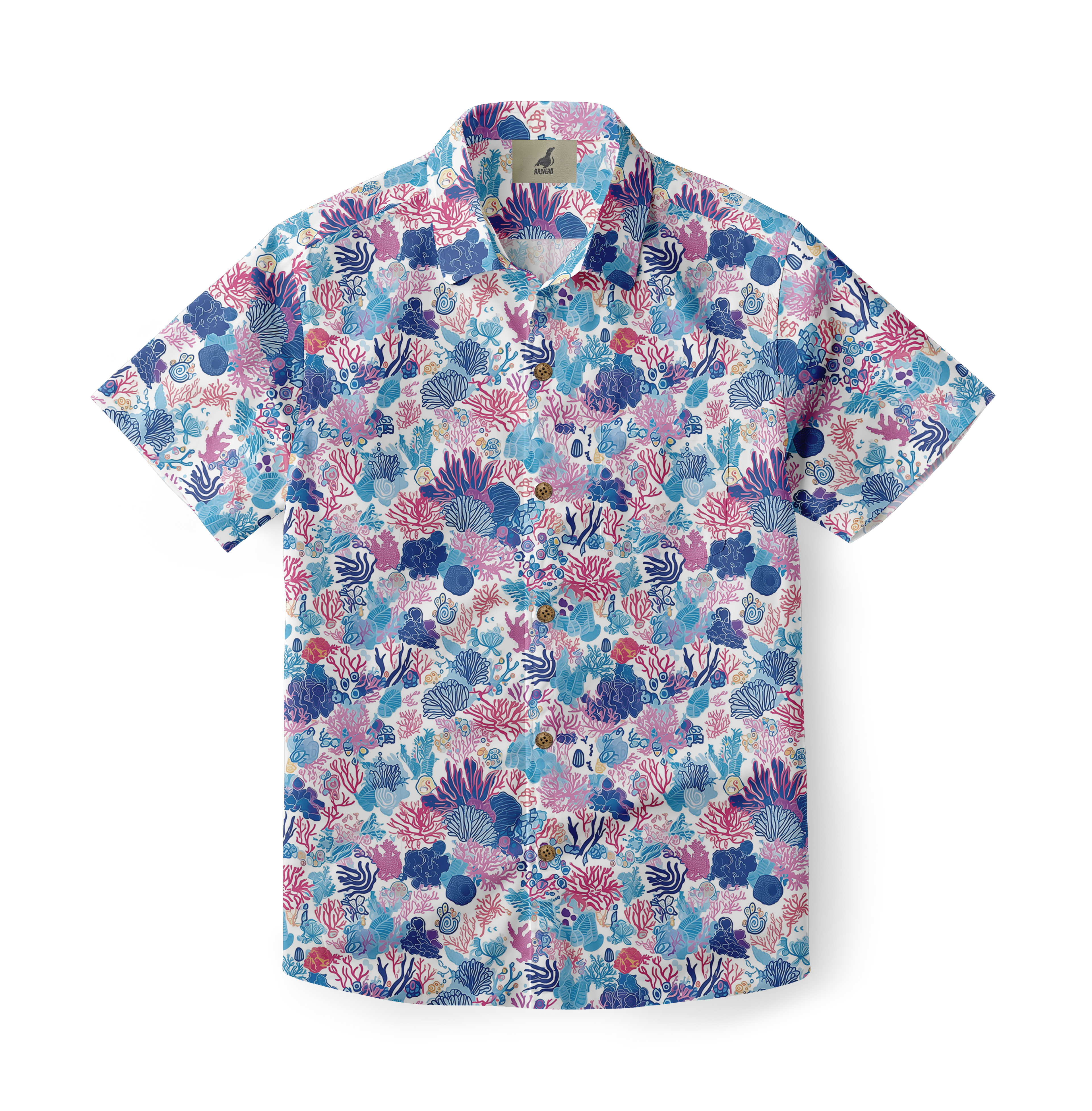Colorful coral print short-sleeve shirt with buttons.
