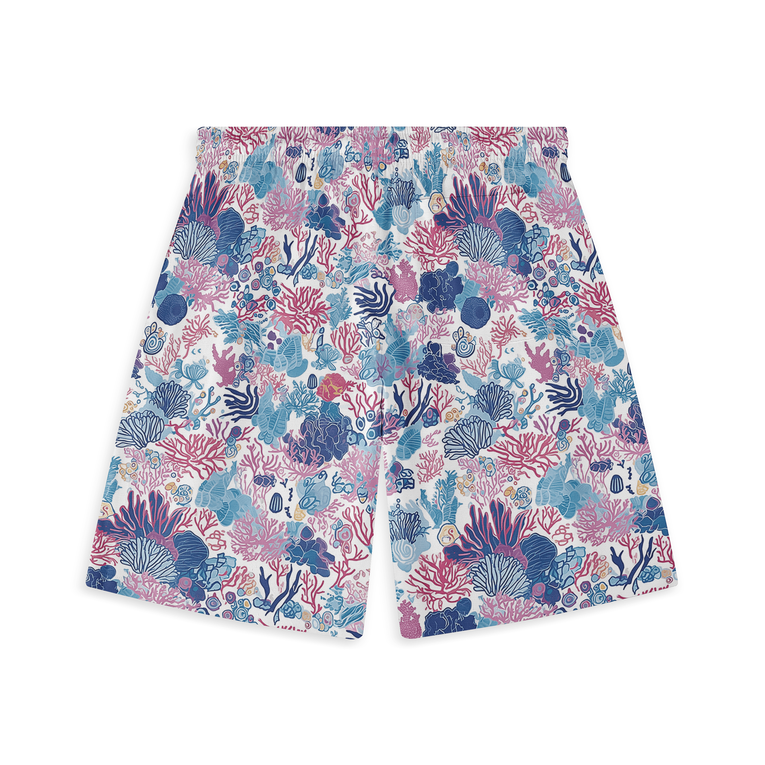 Colorful coral print shorts, white background.