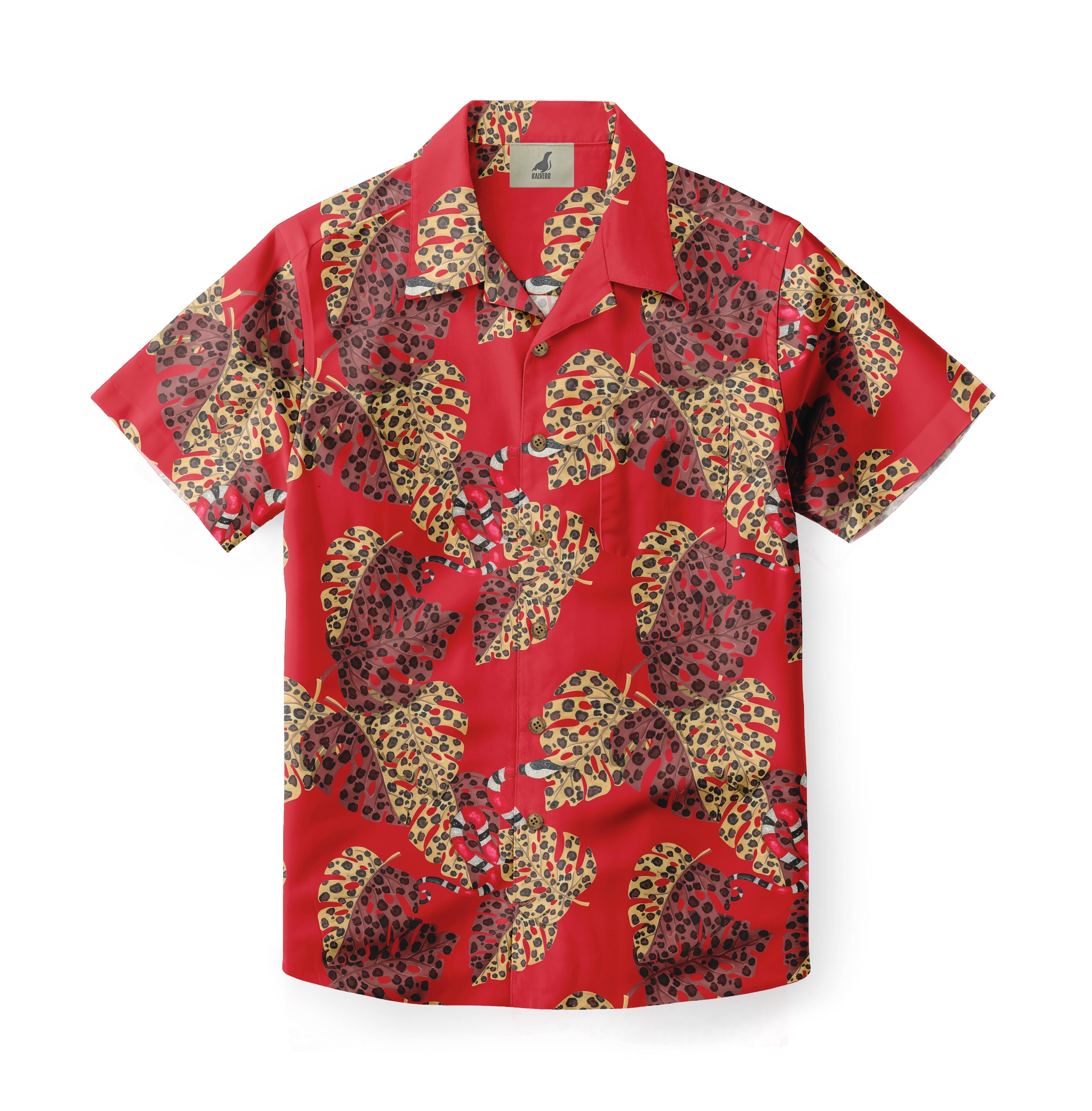 Red short-sleeve shirt with tropical leaf pattern in brown, yellow.