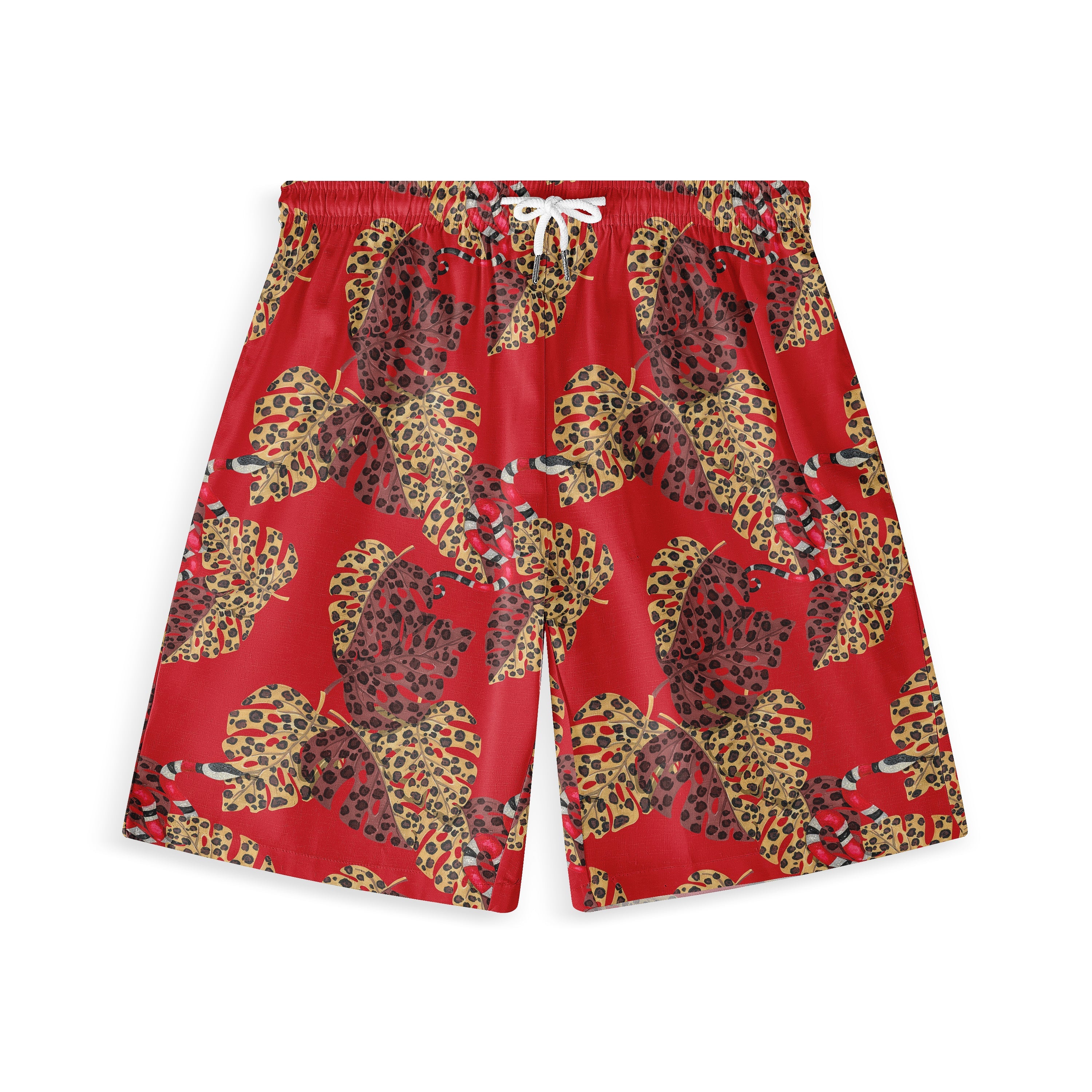 Red swim shorts with tropical leaf pattern and white drawstring.