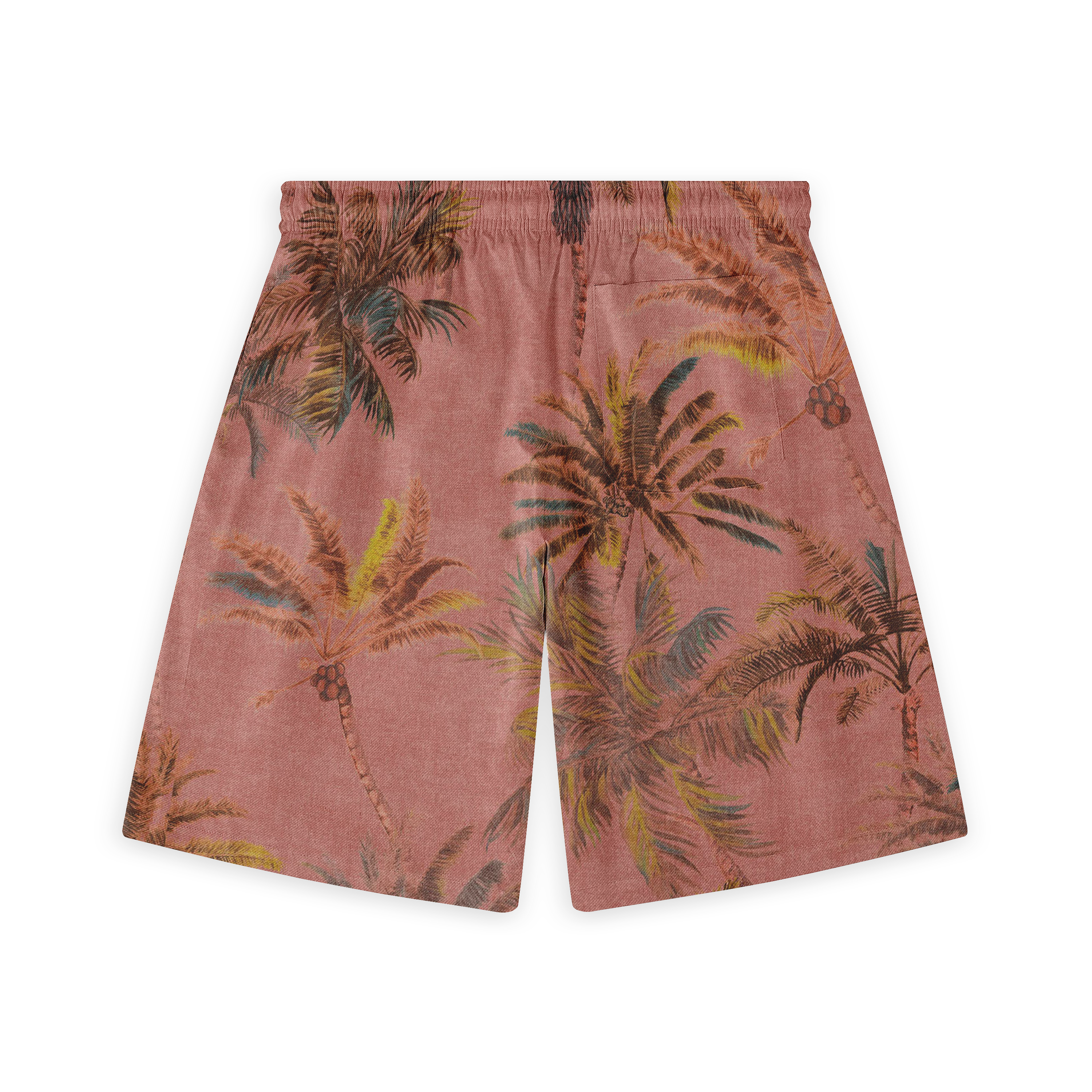 Pink shorts with tropical palm tree print, featuring a relaxed fit.
