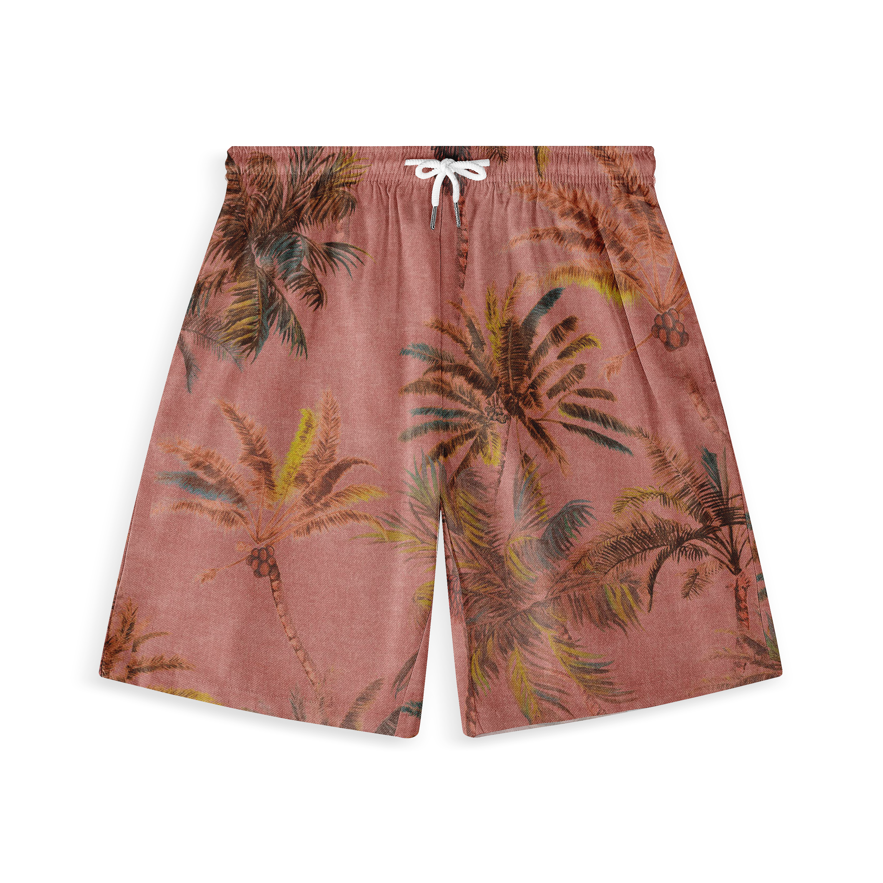 Pink tropical print shorts with palm trees and a white drawstring.