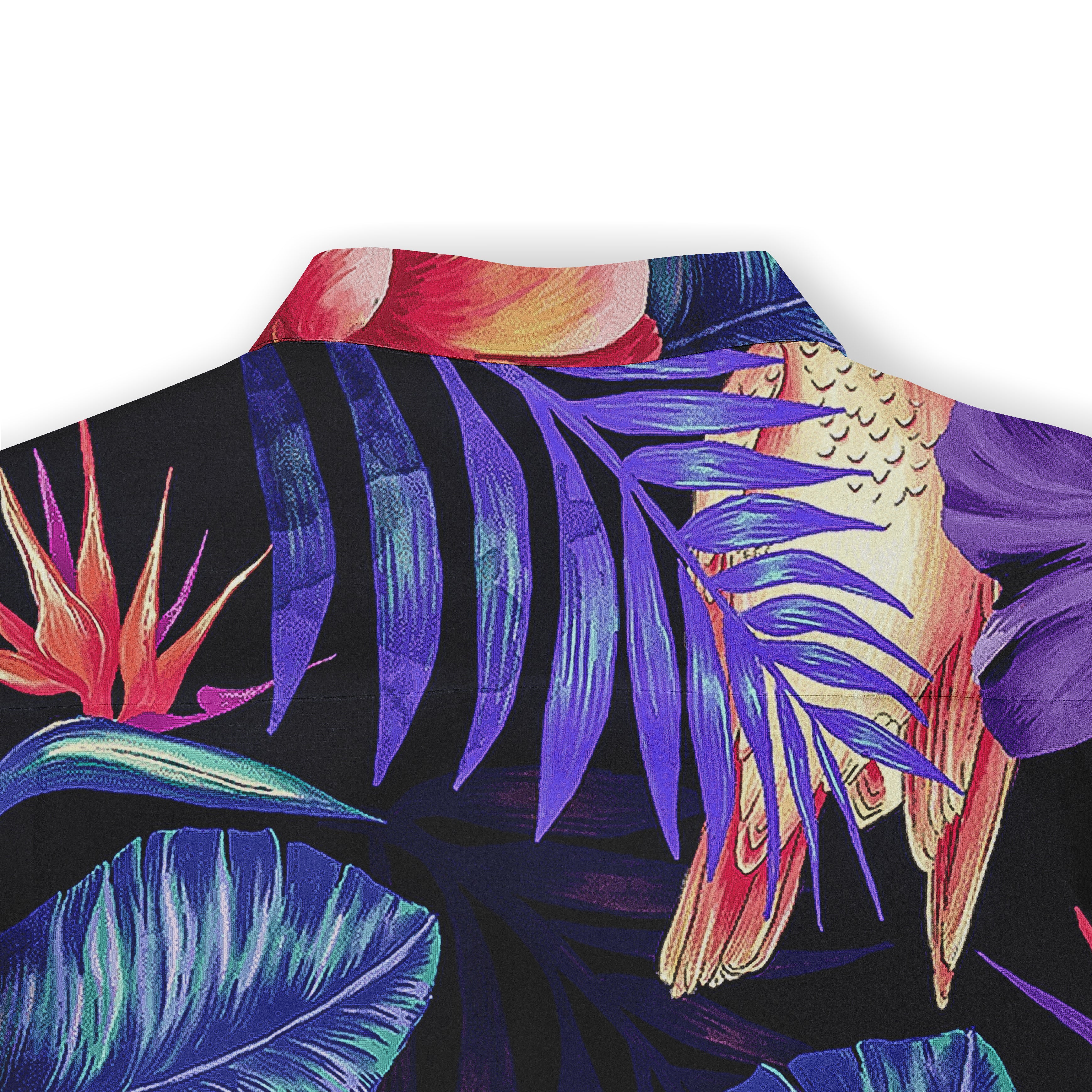 Vibrant tropical print shirt with bold purple, blue, and red leaves.
