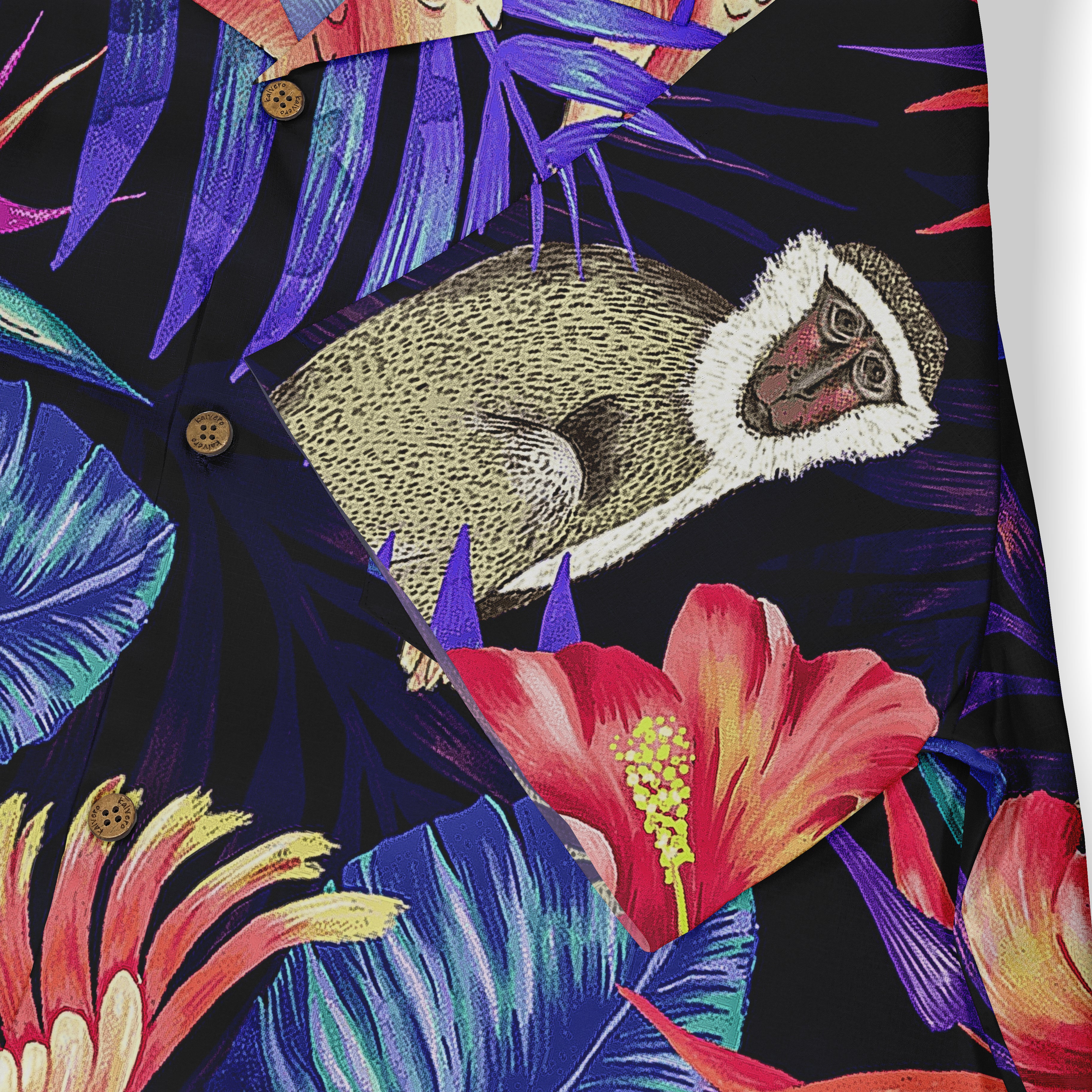 Vibrant tropical shirt with monkey, flowers, and leaves on black.