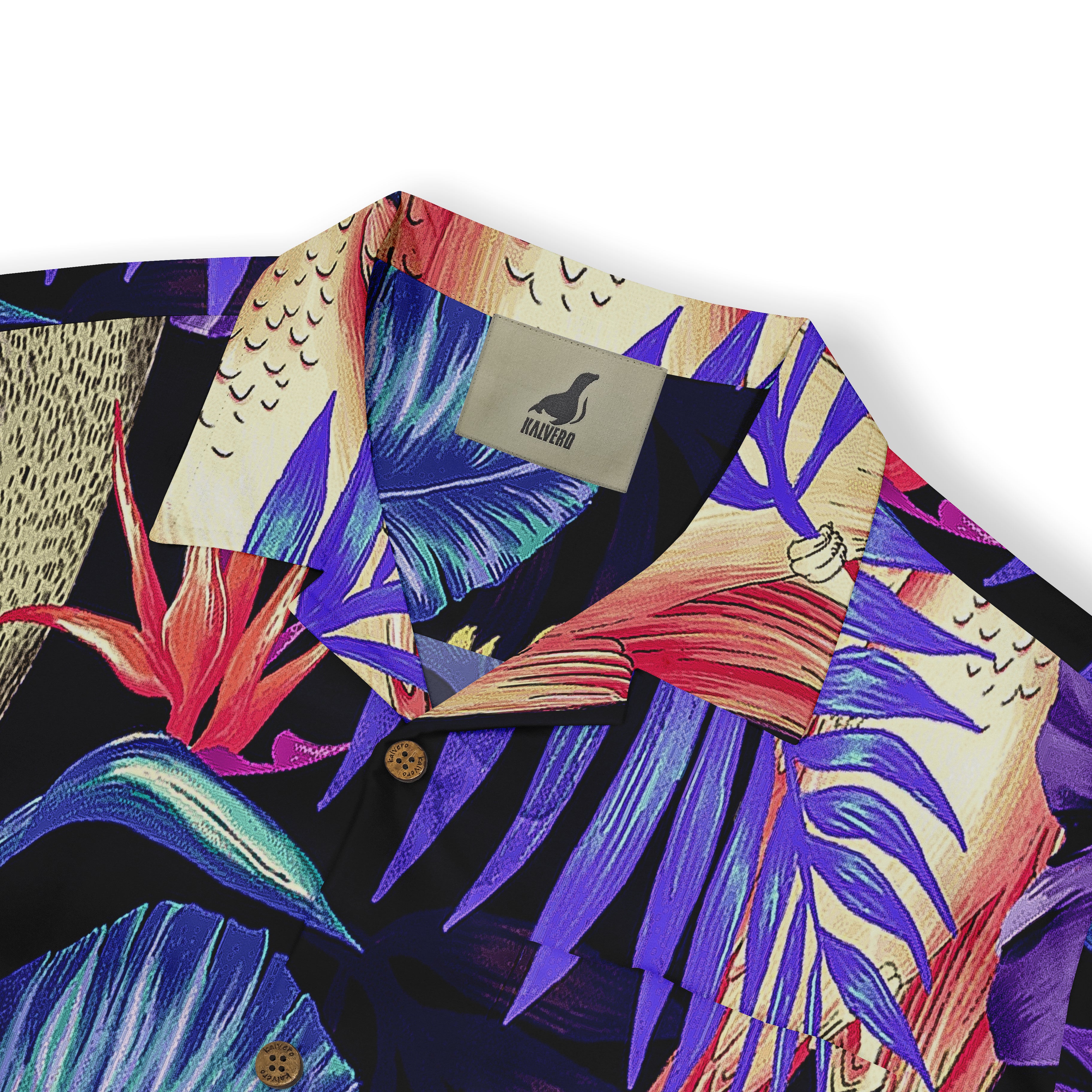 Vibrant tropical print shirt with bold colors and a Malvera brand.