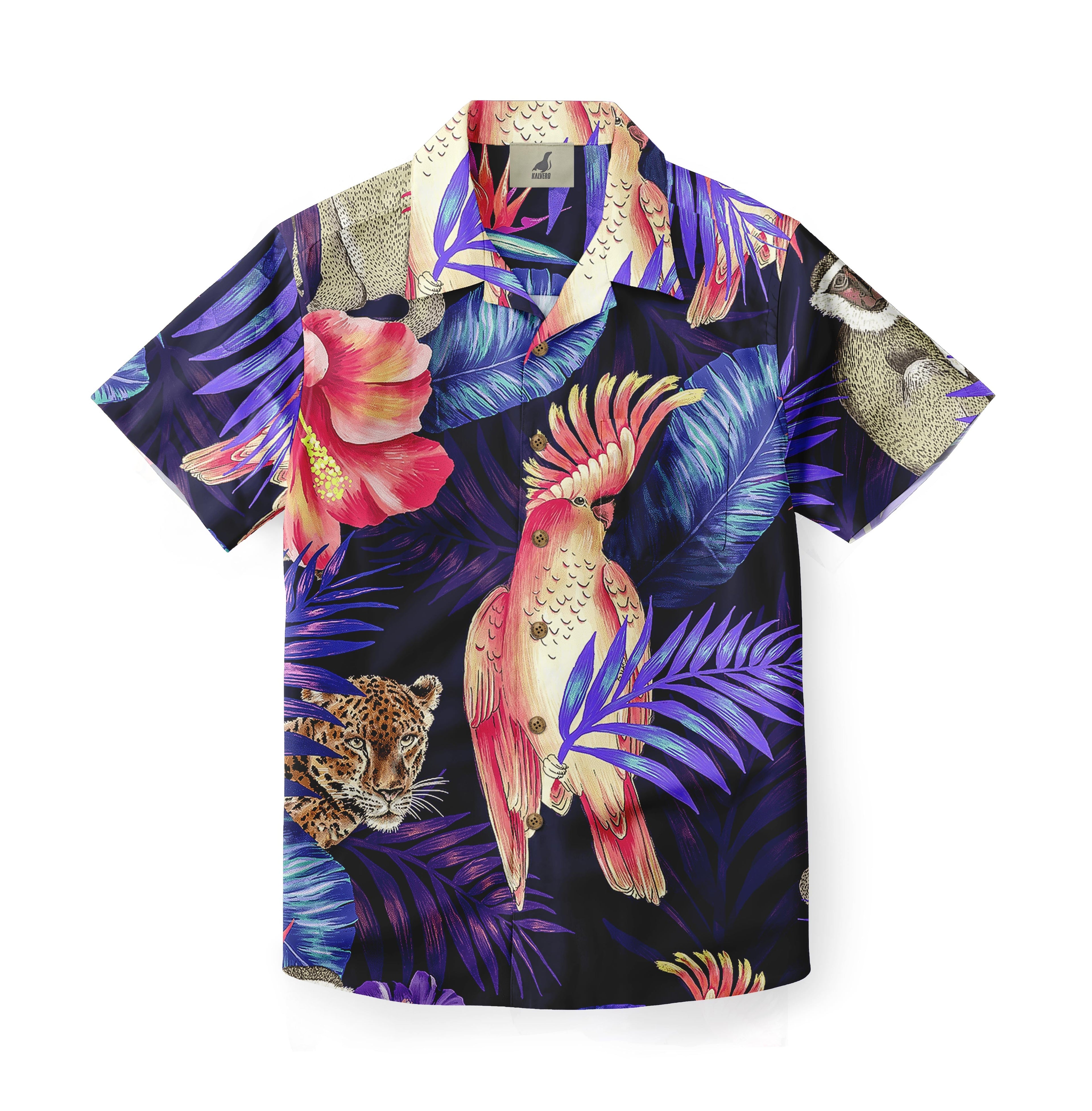 Vibrant tropical shirt with parrots, leopards, and flowers on a dark.