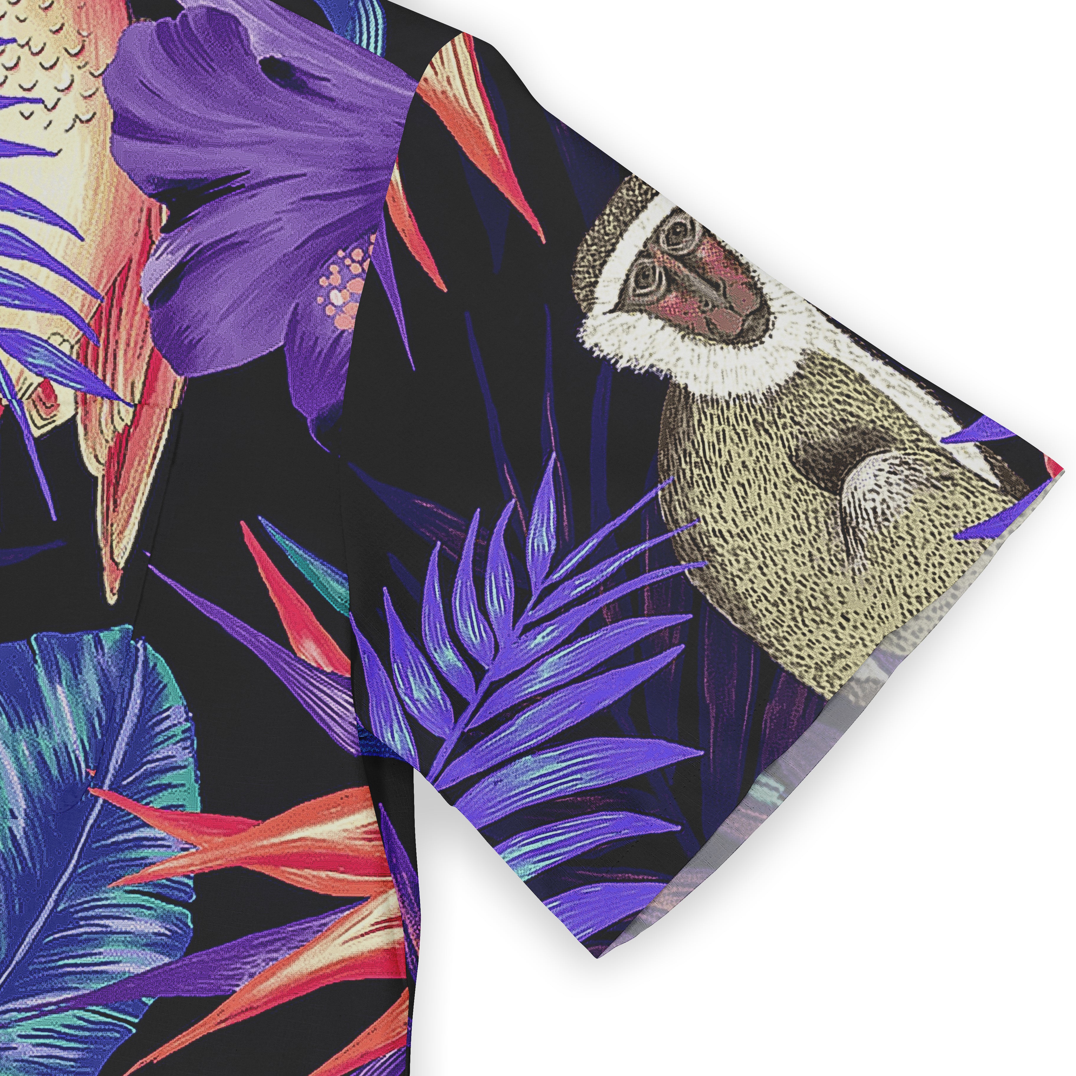 Vibrant tropical scarf with bold floral and monkey print on a black.