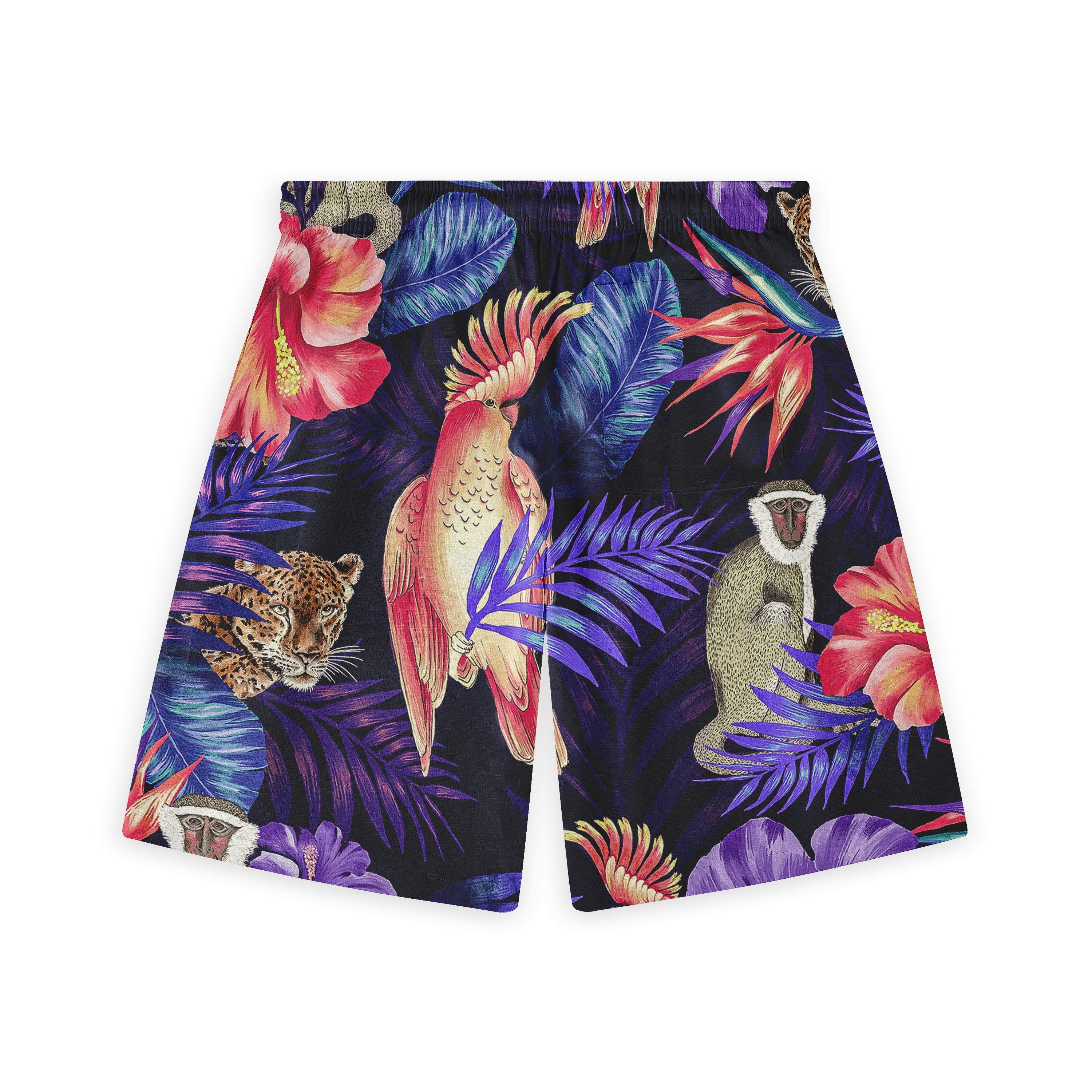 Vibrant tropical shorts featuring colorful birds, monkeys, leopards.