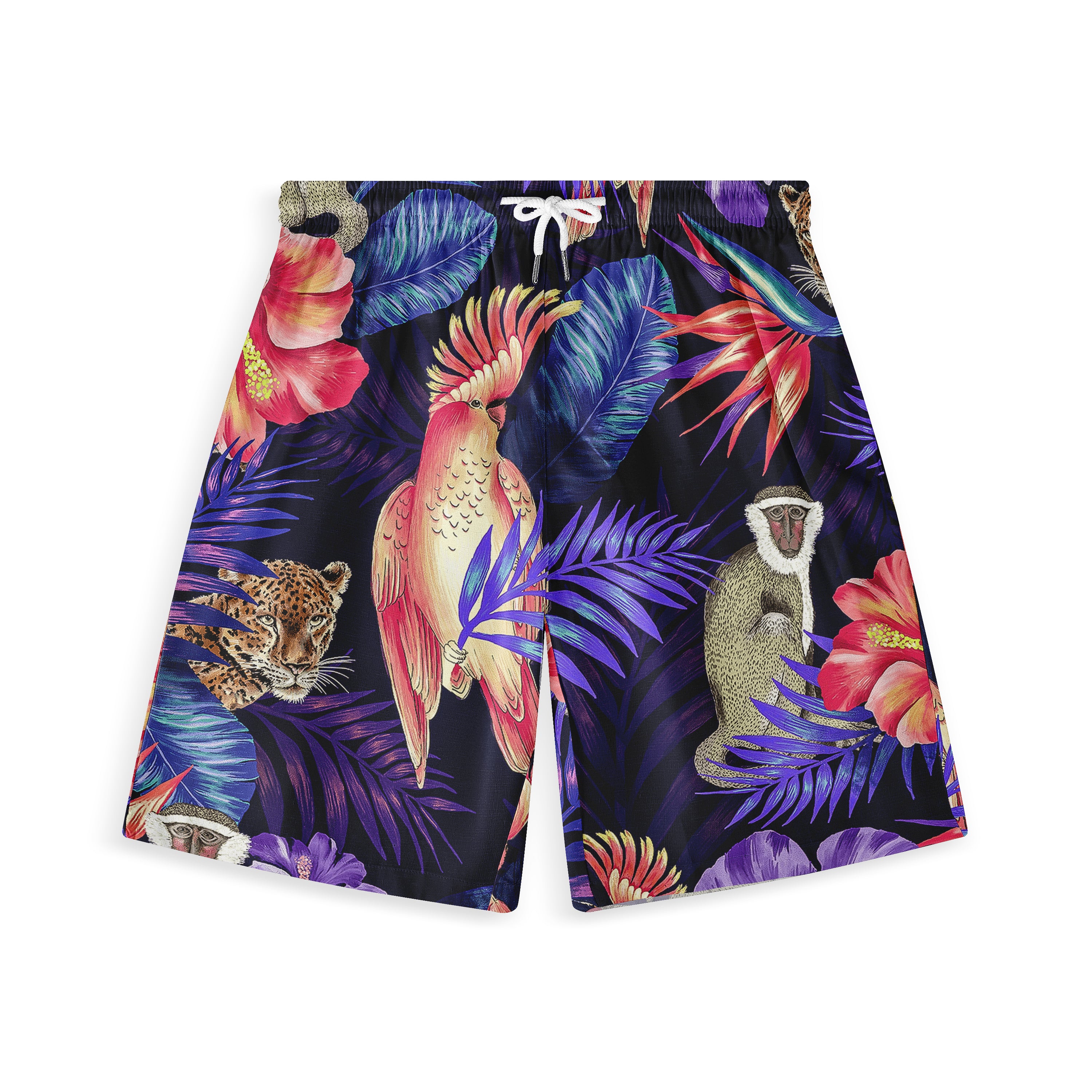 Vibrant tropical shorts featuring colorful birds, monkeys, leopards.