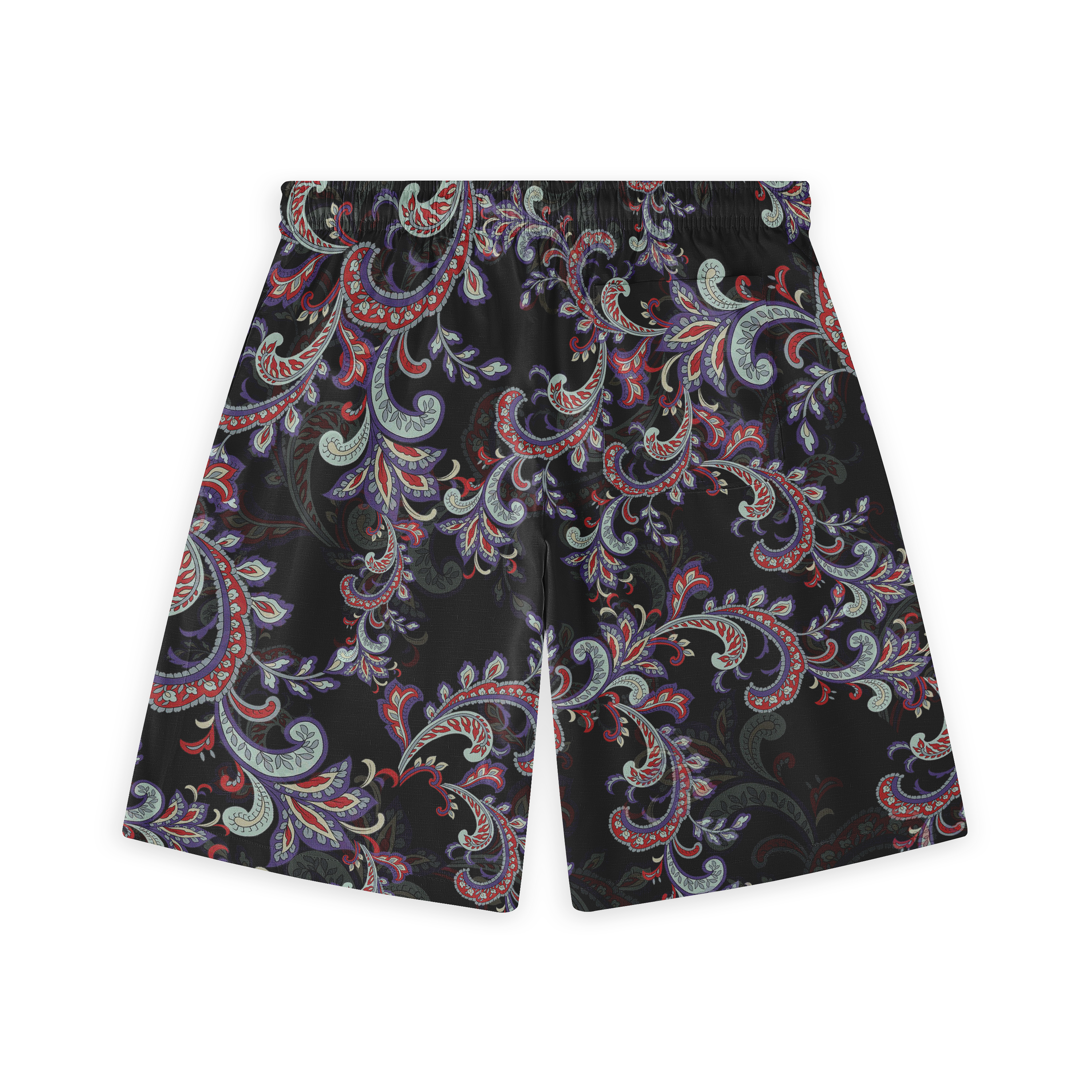 Black shorts with vibrant red, purple, and blue paisley pattern.