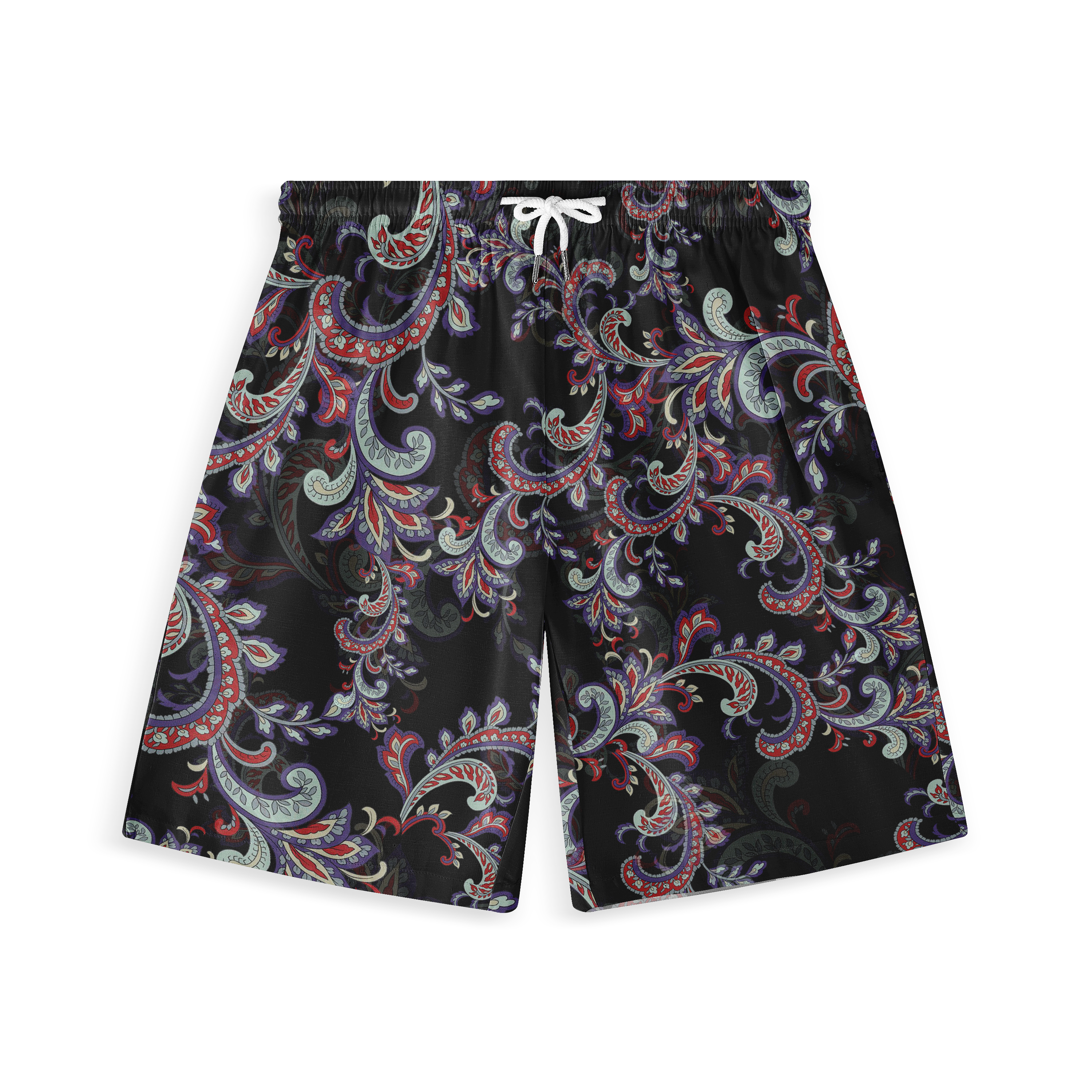 Black shorts with vibrant paisley pattern in red, purple, and teal.