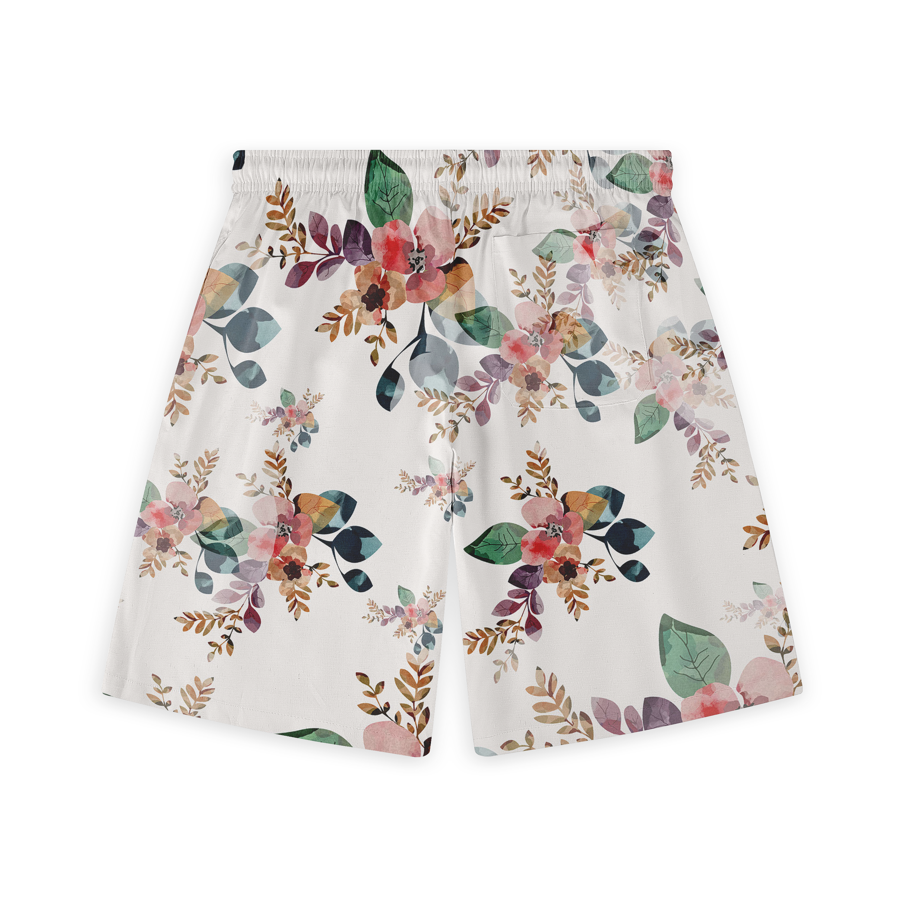 Floral patterned shorts with vibrant flowers and leaves on a white.