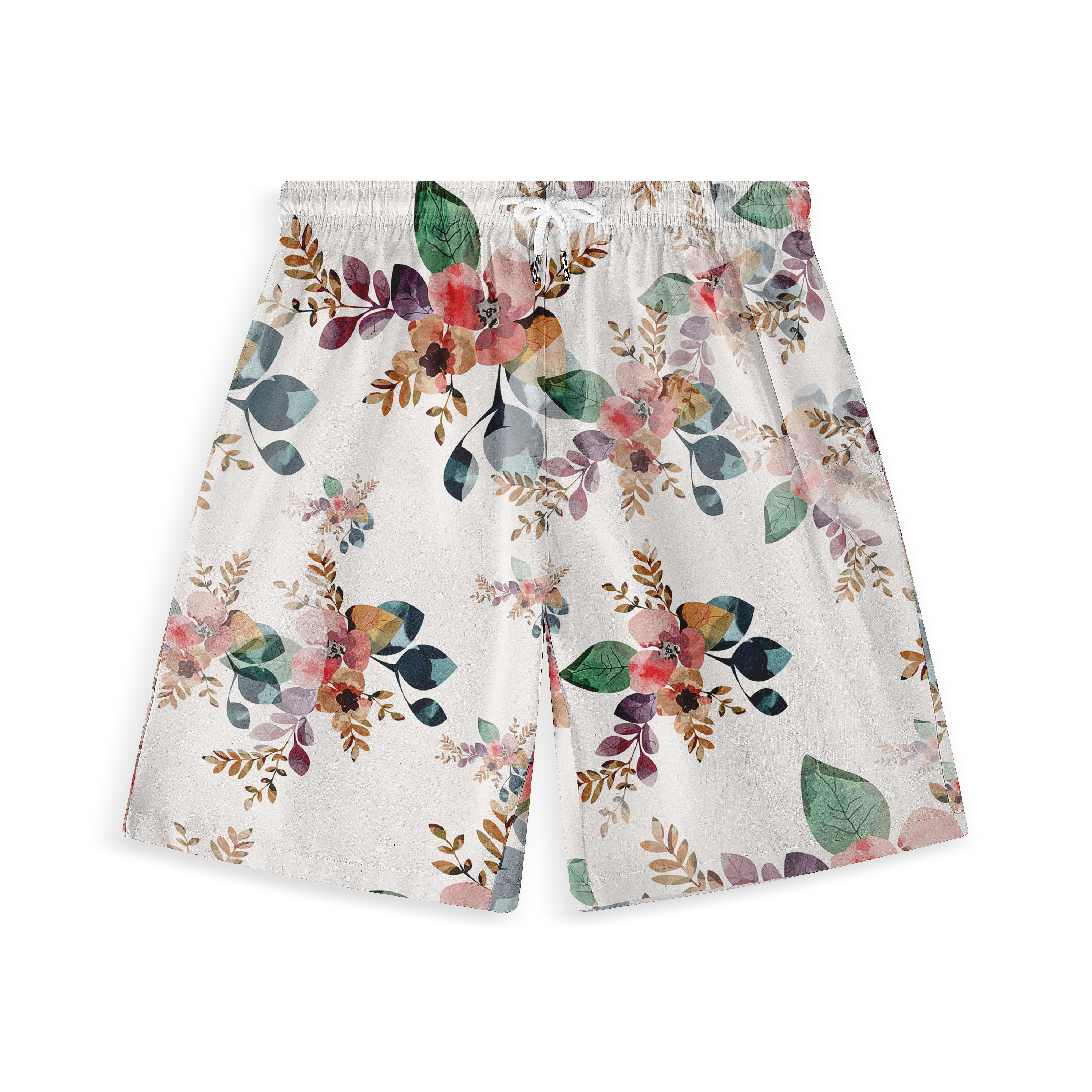 Floral patterned shorts with elastic waist and drawstring, featuring.