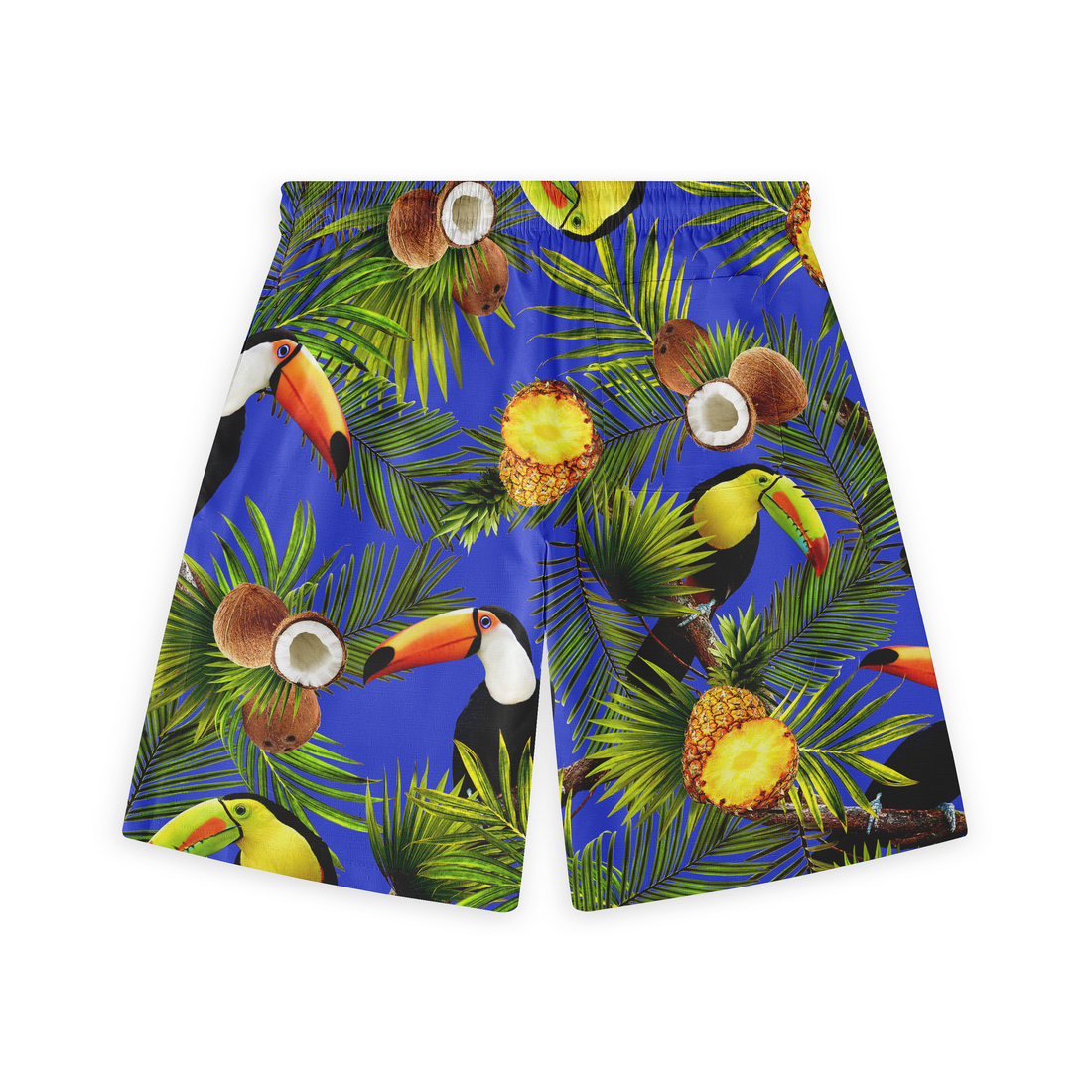 Vibrant blue shorts featuring tropical toucans, palm leaves.