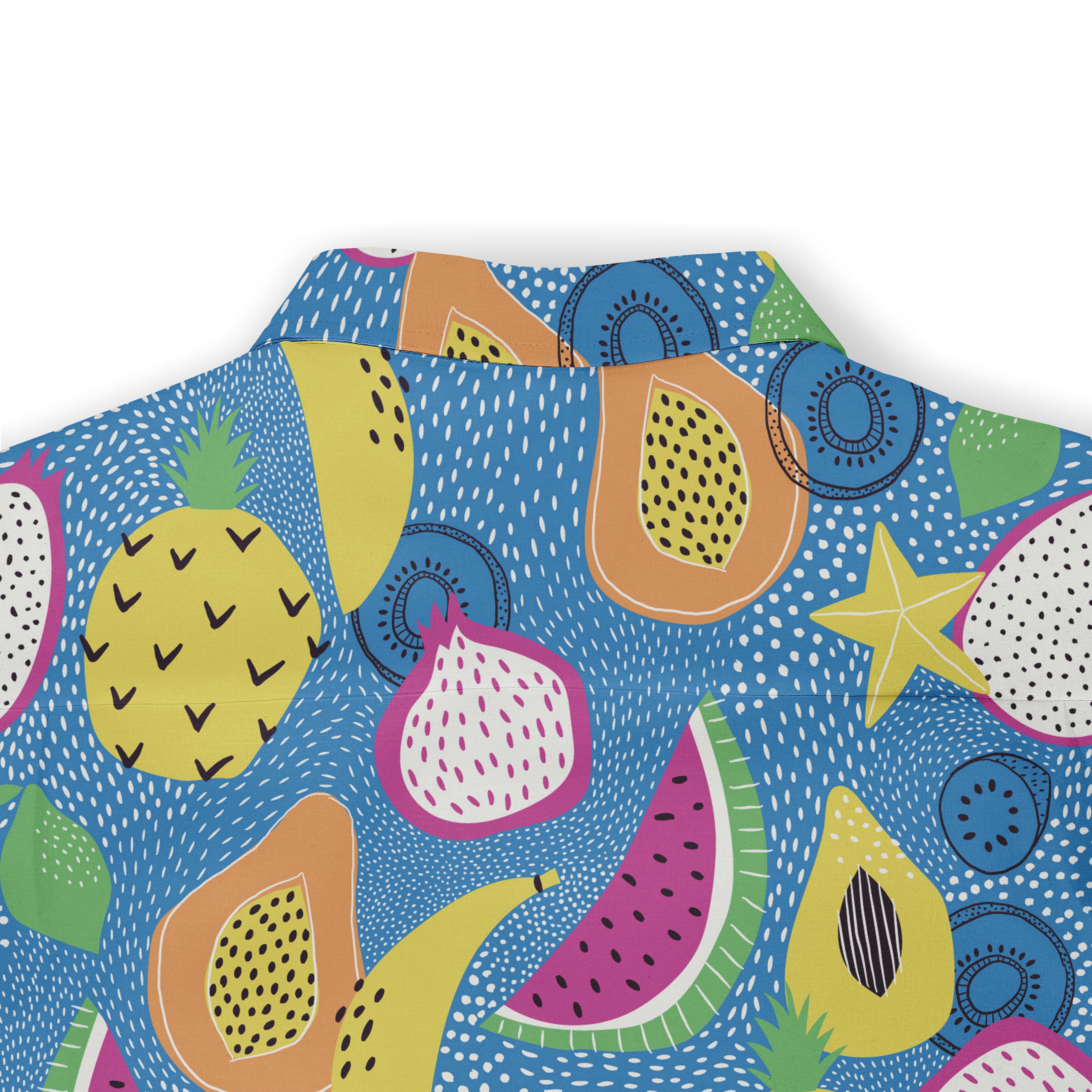 Vibrant blue shirt with colorful fruit pattern including pineapples.