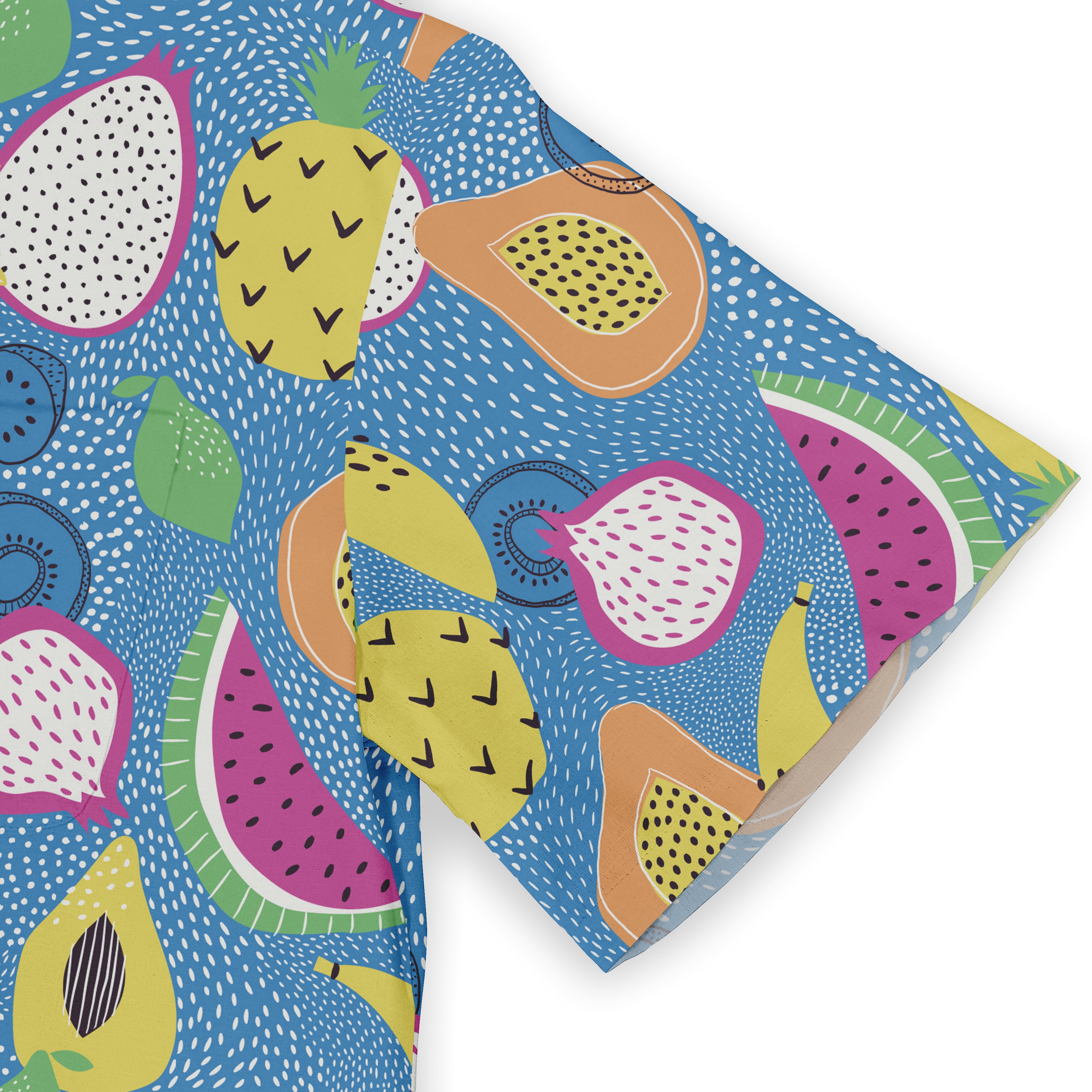 Colorful fruit-patterned fabric with pineapples, watermelons.