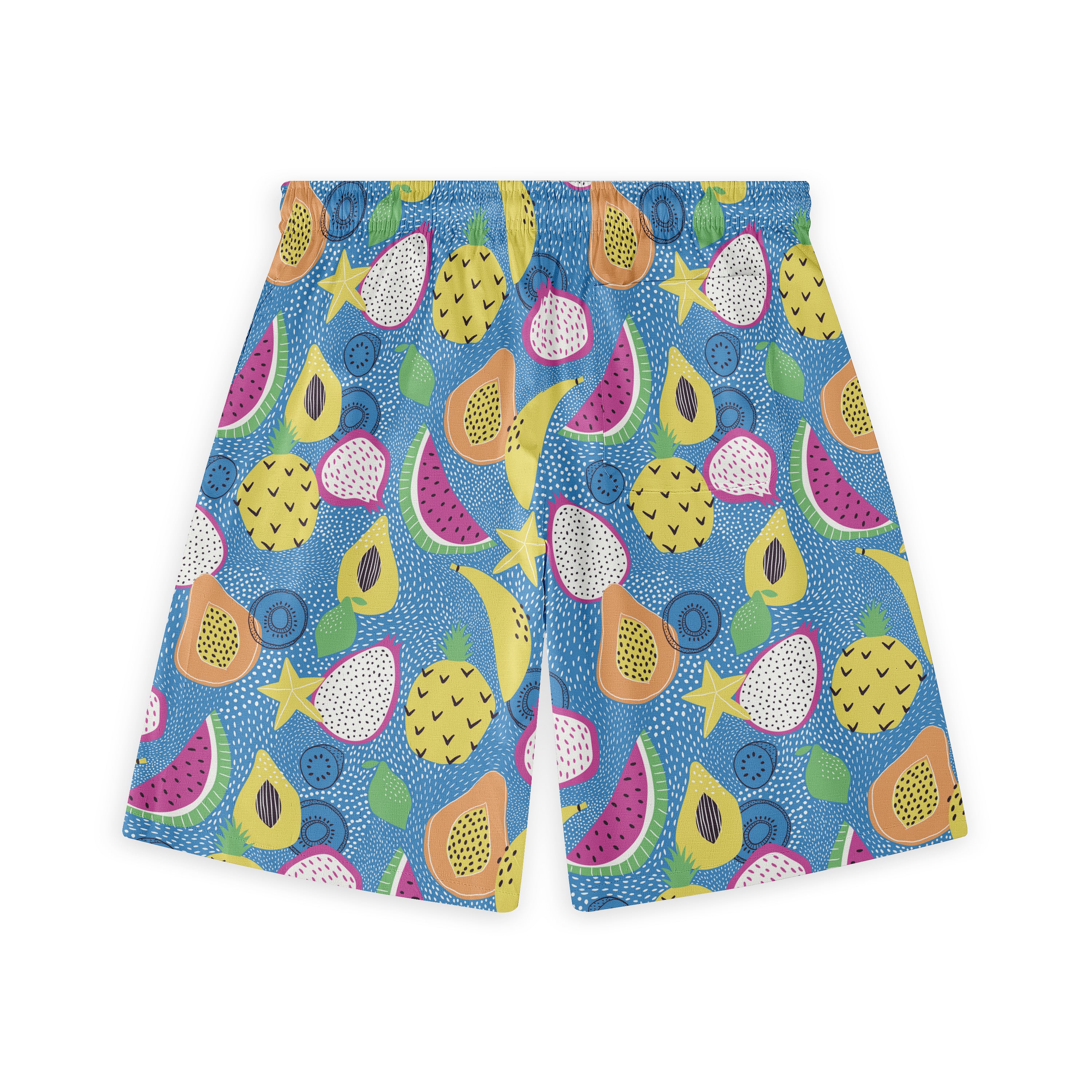 Colorful tropical fruit pattern shorts on blue background.