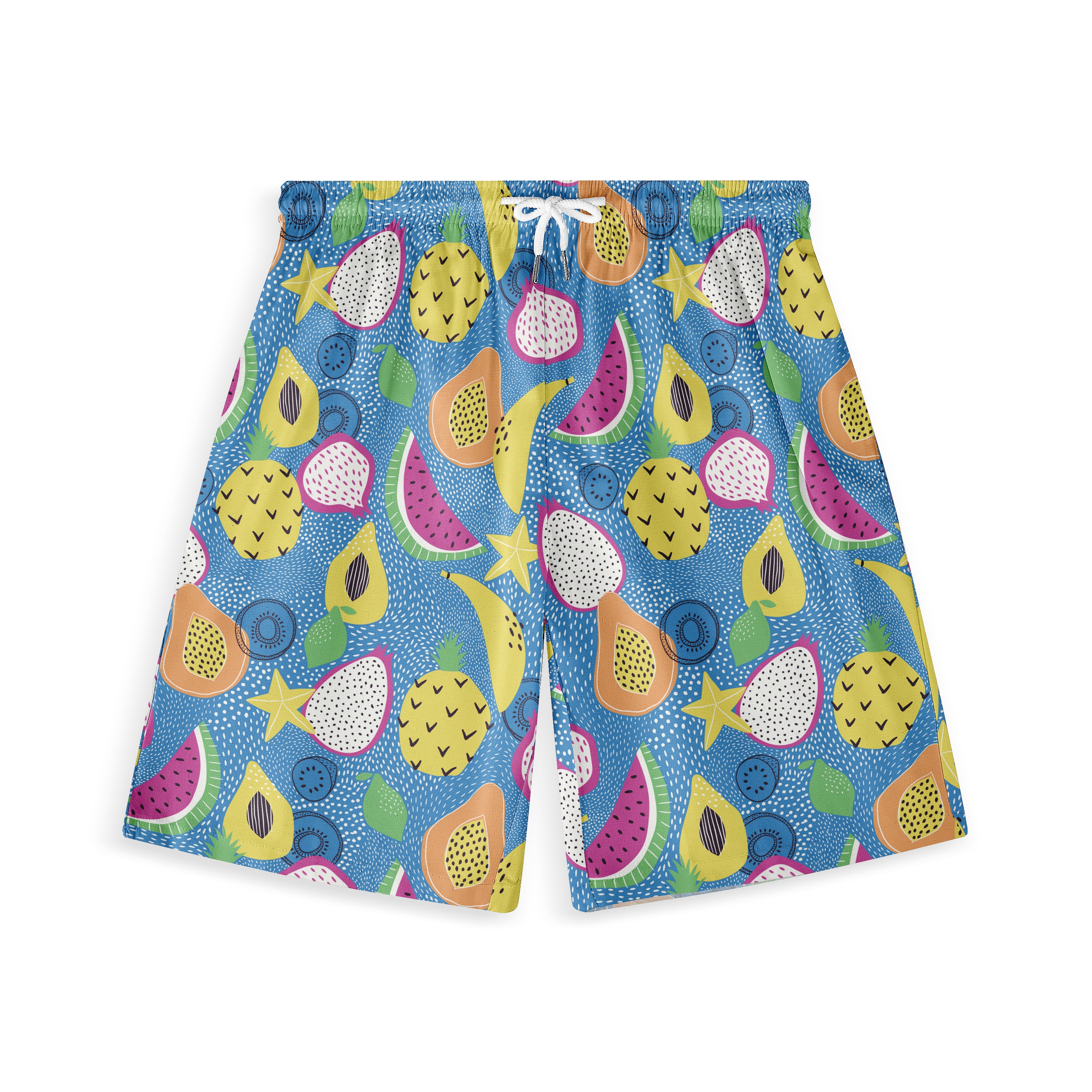 Blue swim shorts with vibrant tropical fruit pattern, including.