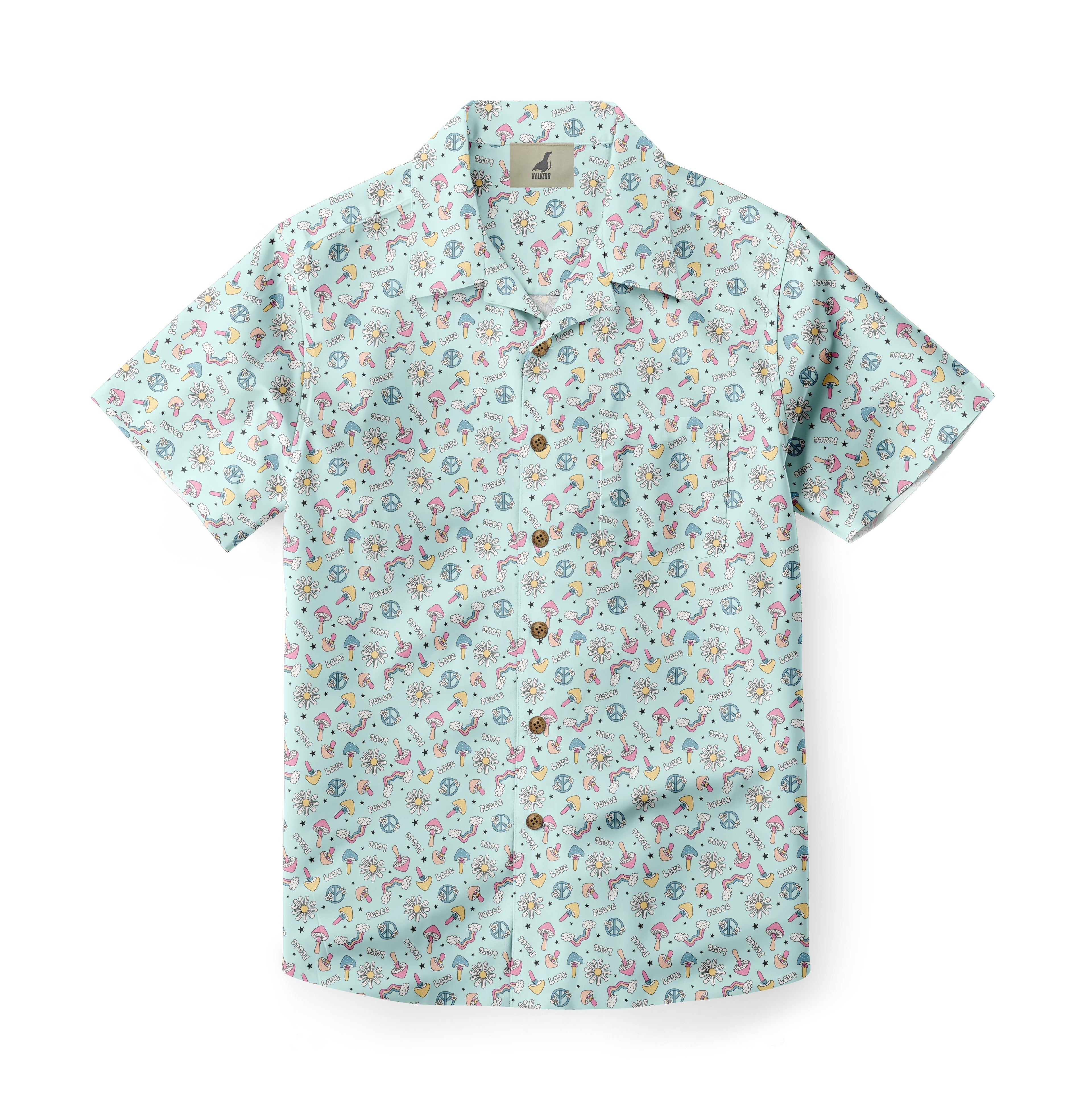 Light blue shirt with colorful peace signs, mushrooms, and stars.