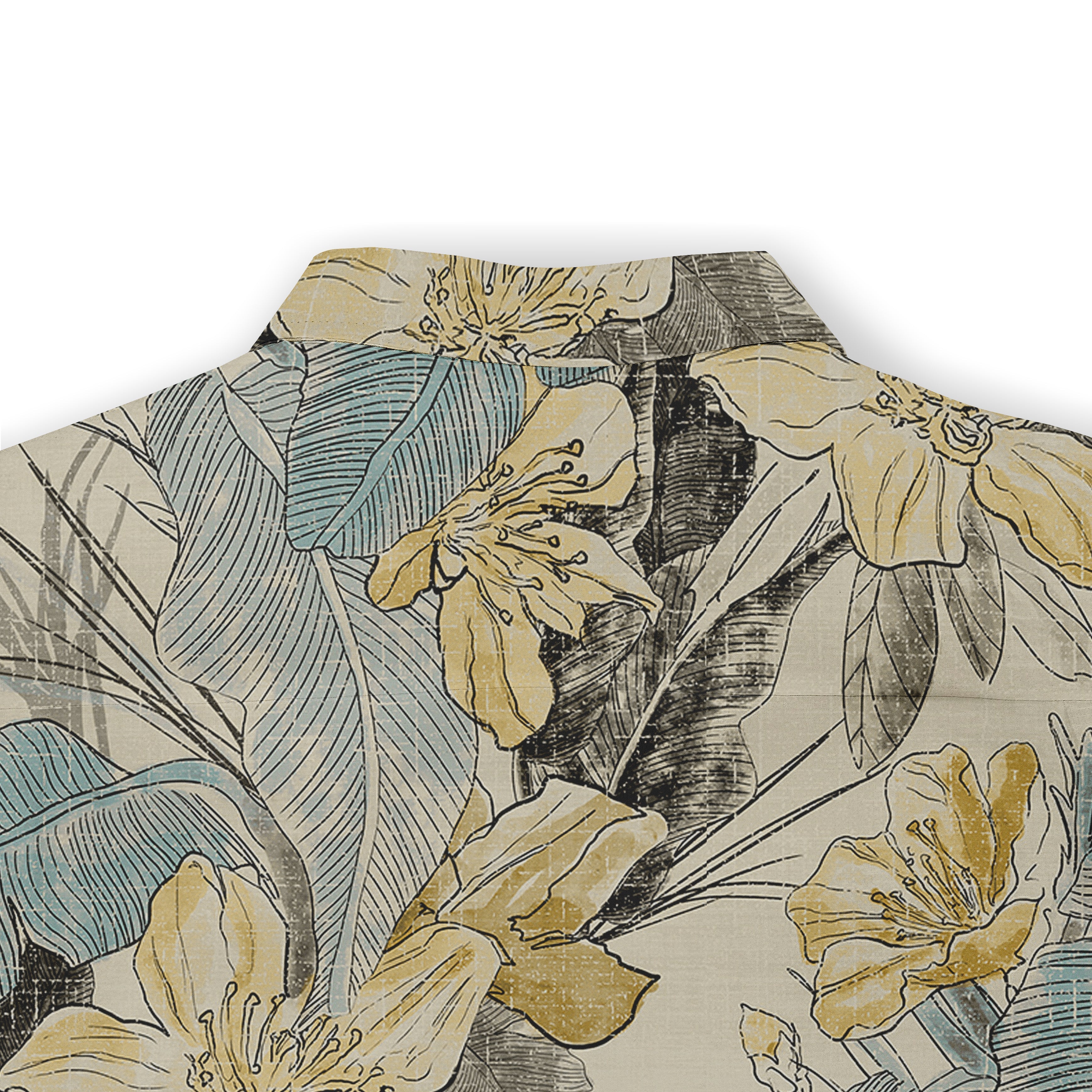 Floral patterned shirt with beige, blue, and yellow tones, featuring.