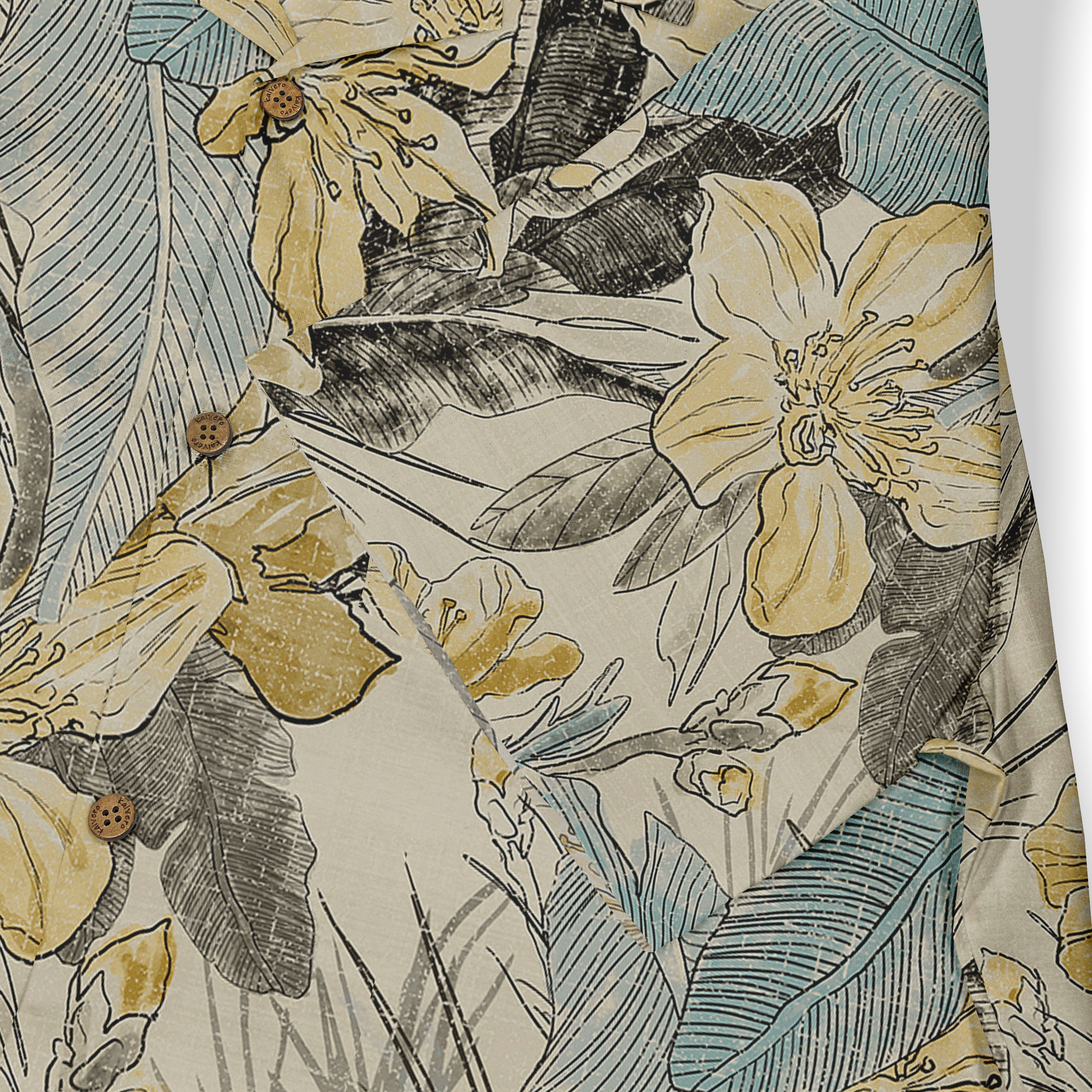 Floral patterned fabric with yellow flowers, blue leaves, and wooden.