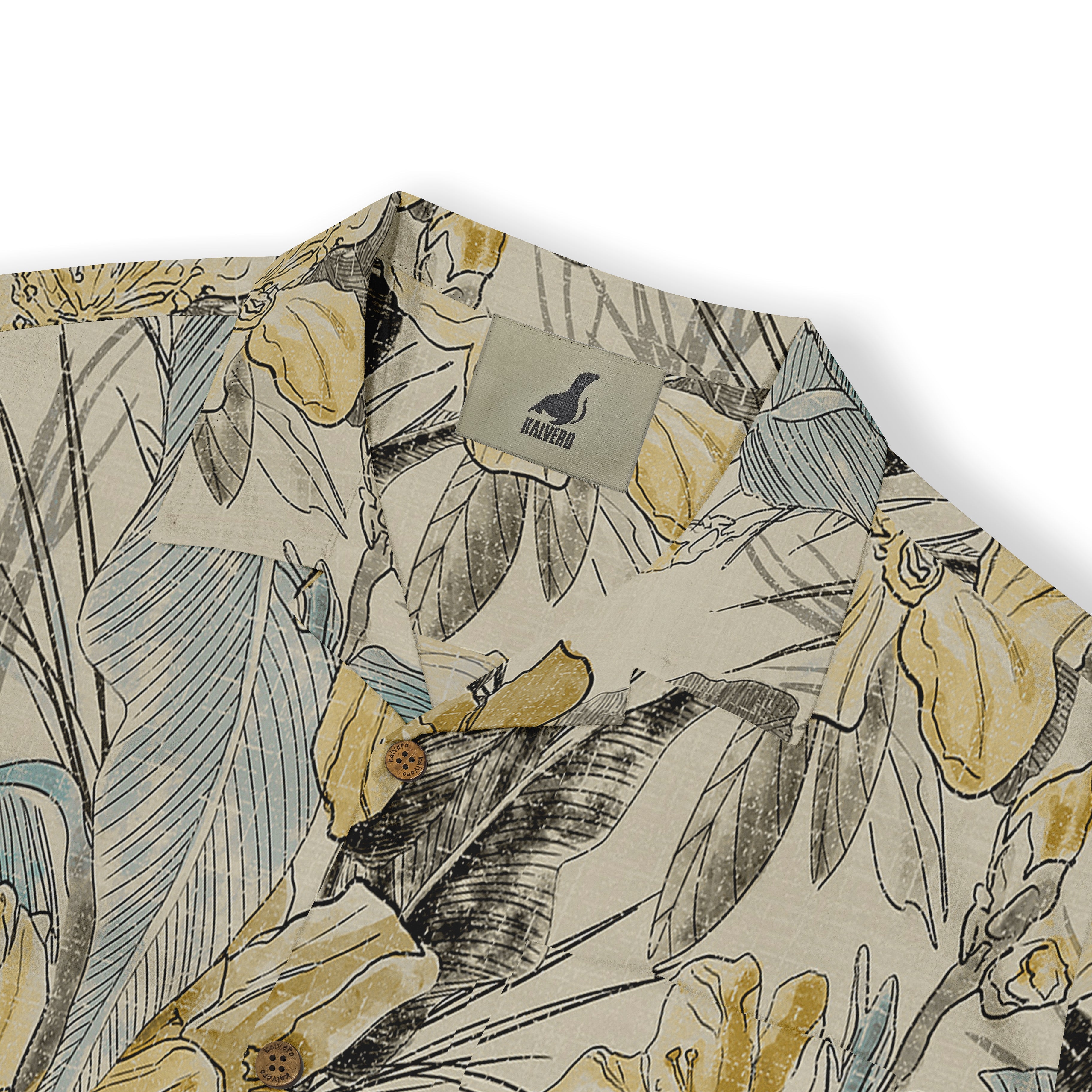 Floral-patterned shirt with beige, blue, and yellow tones, featuring.