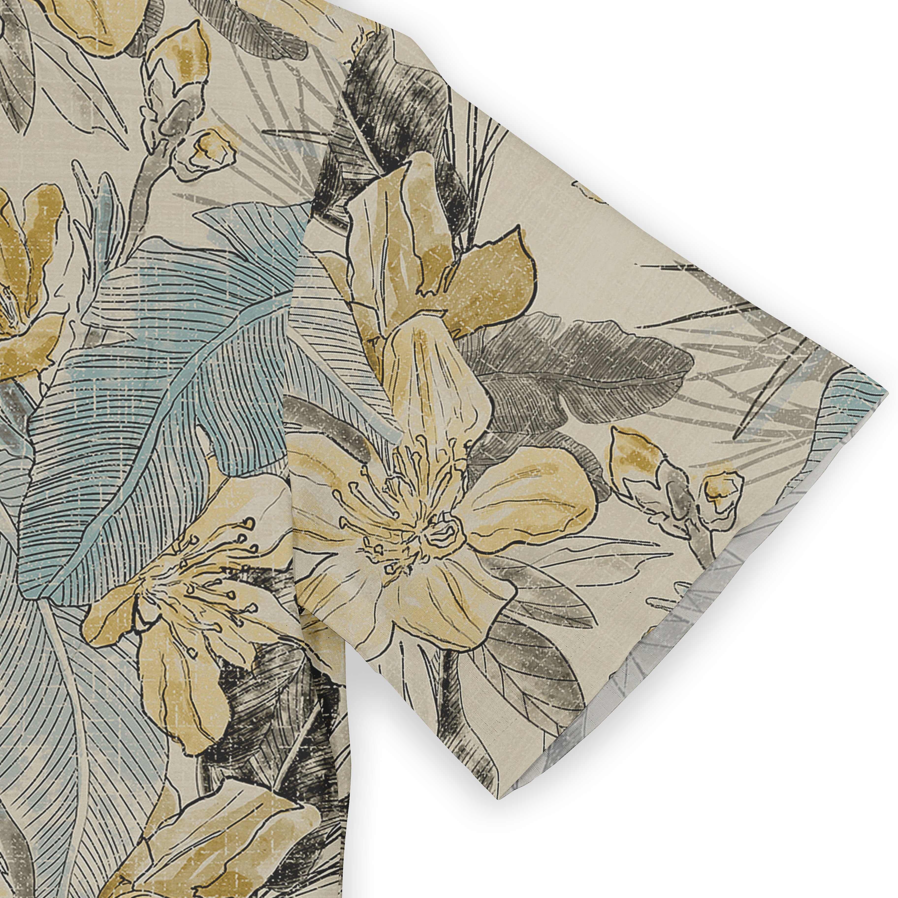 Floral-patterned fabric with yellow flowers, blue and gray leaves.