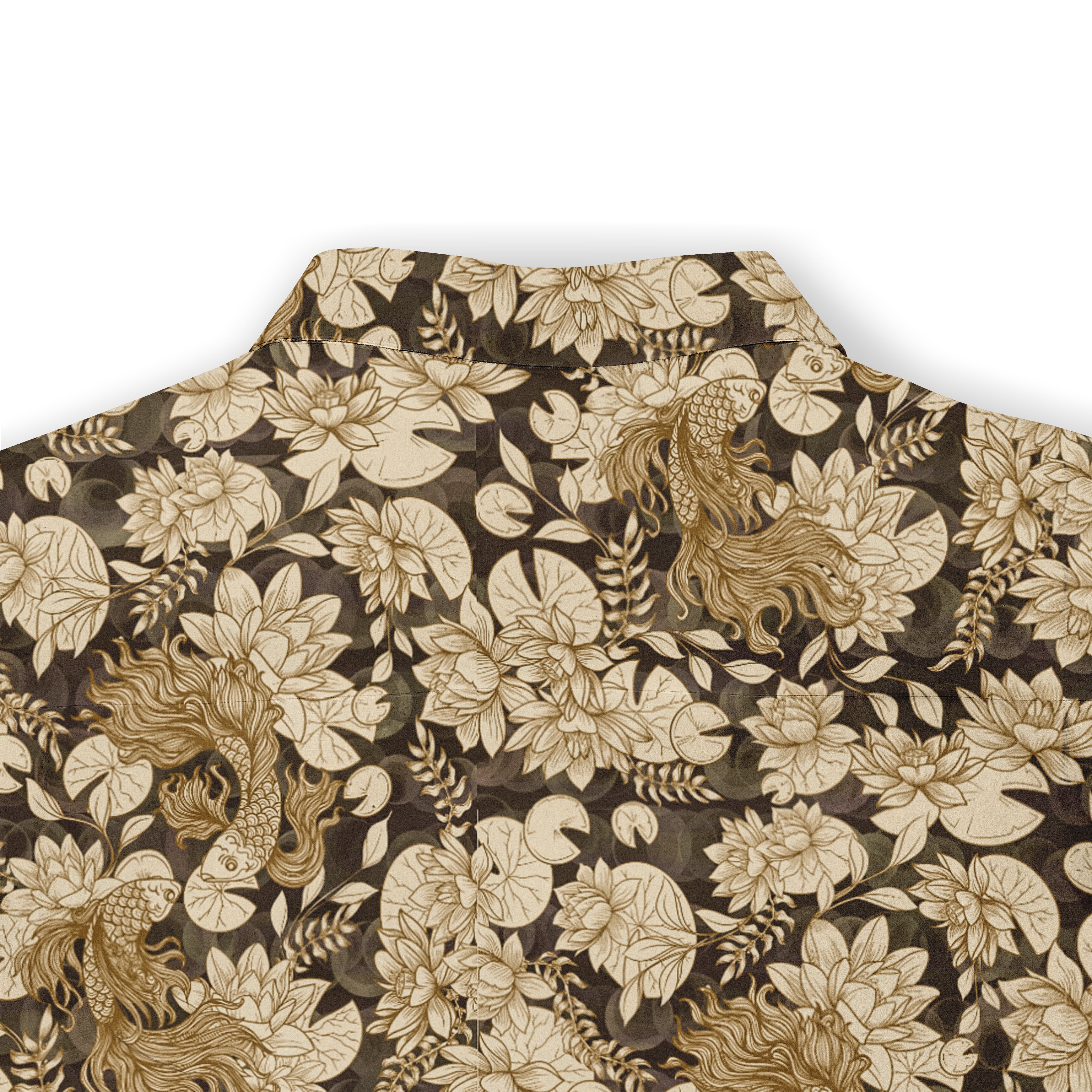 Brown shirt with gold koi fish and lotus flower pattern.