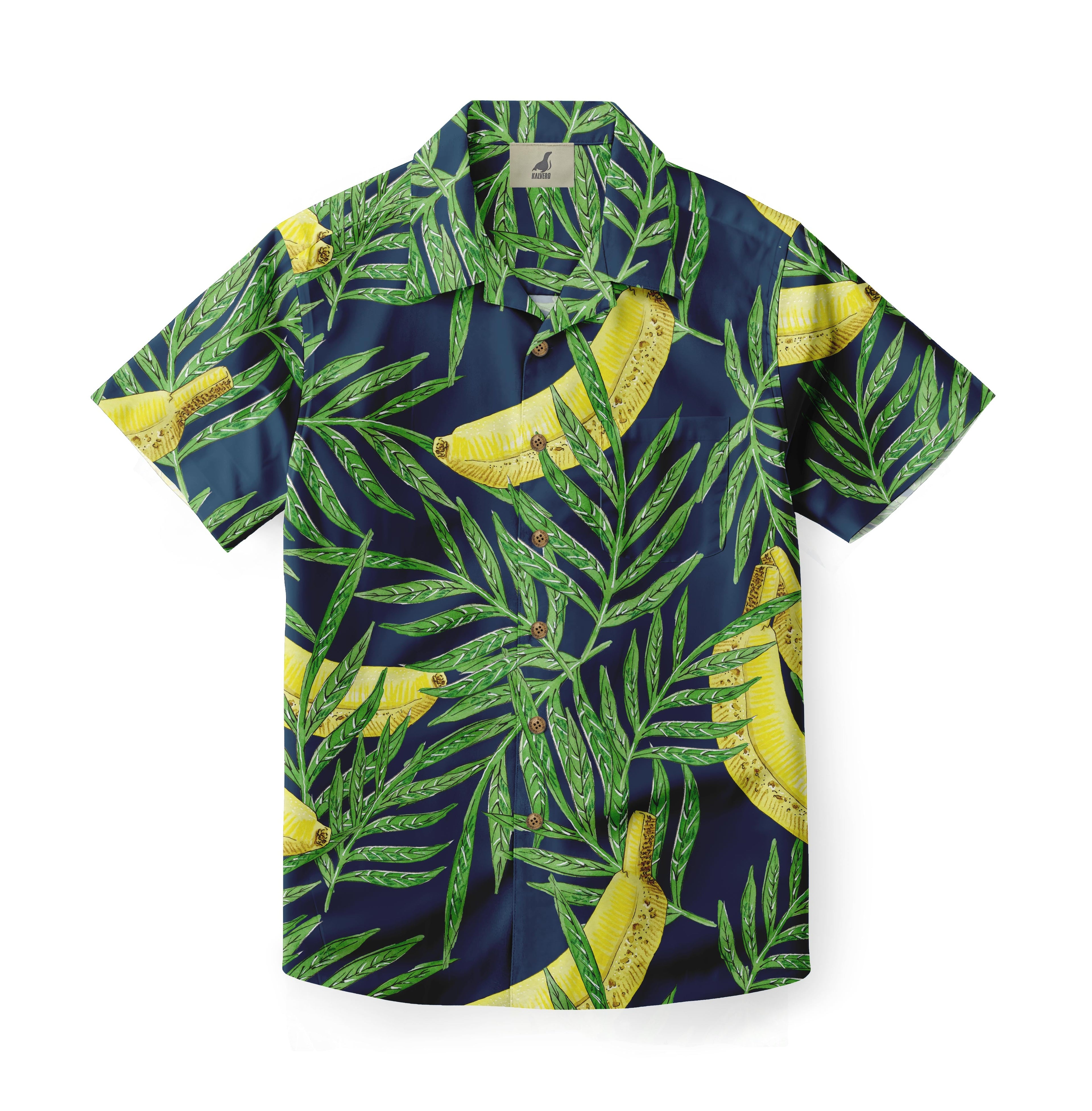 Dark blue Hawaiian shirt with vibrant banana and palm leaf print.