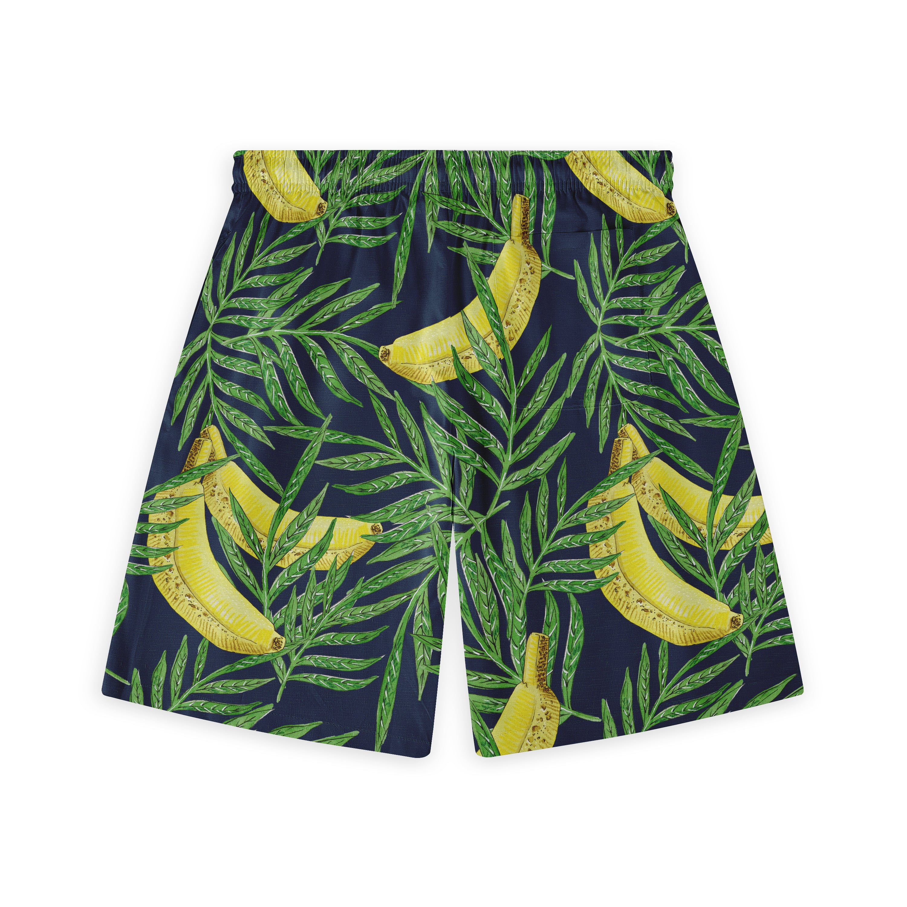 Navy blue shorts with a vibrant banana and green leaf pattern.