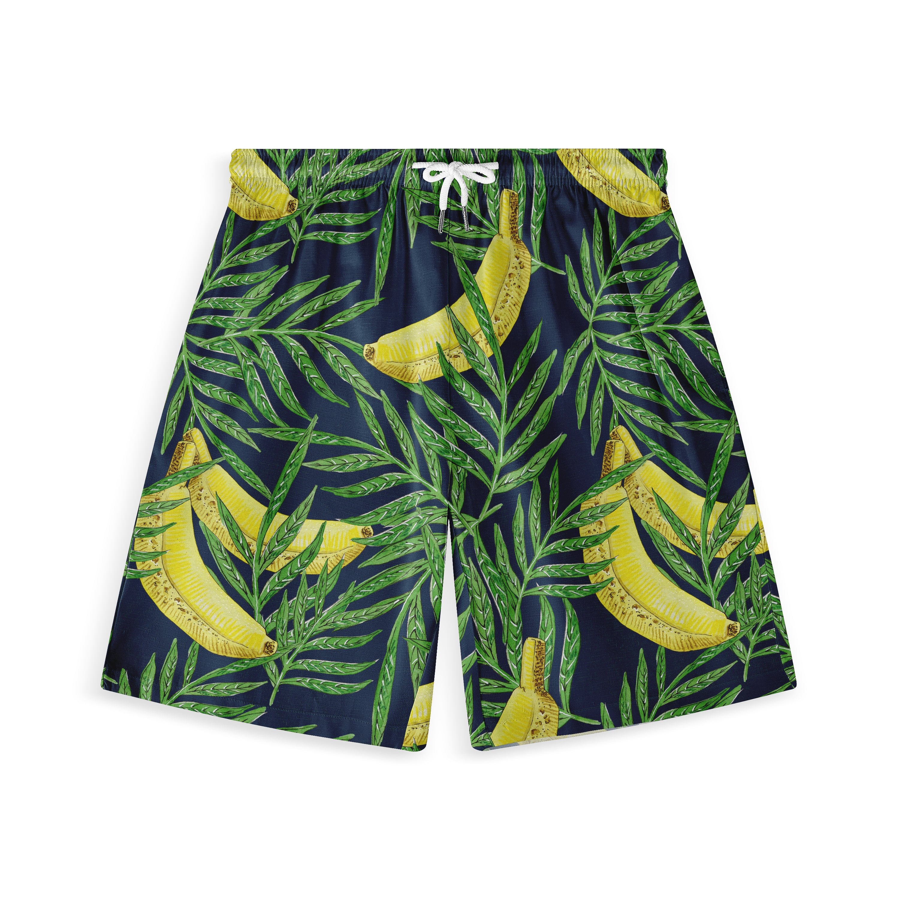 Navy blue swim shorts with vibrant banana and palm leaf print.