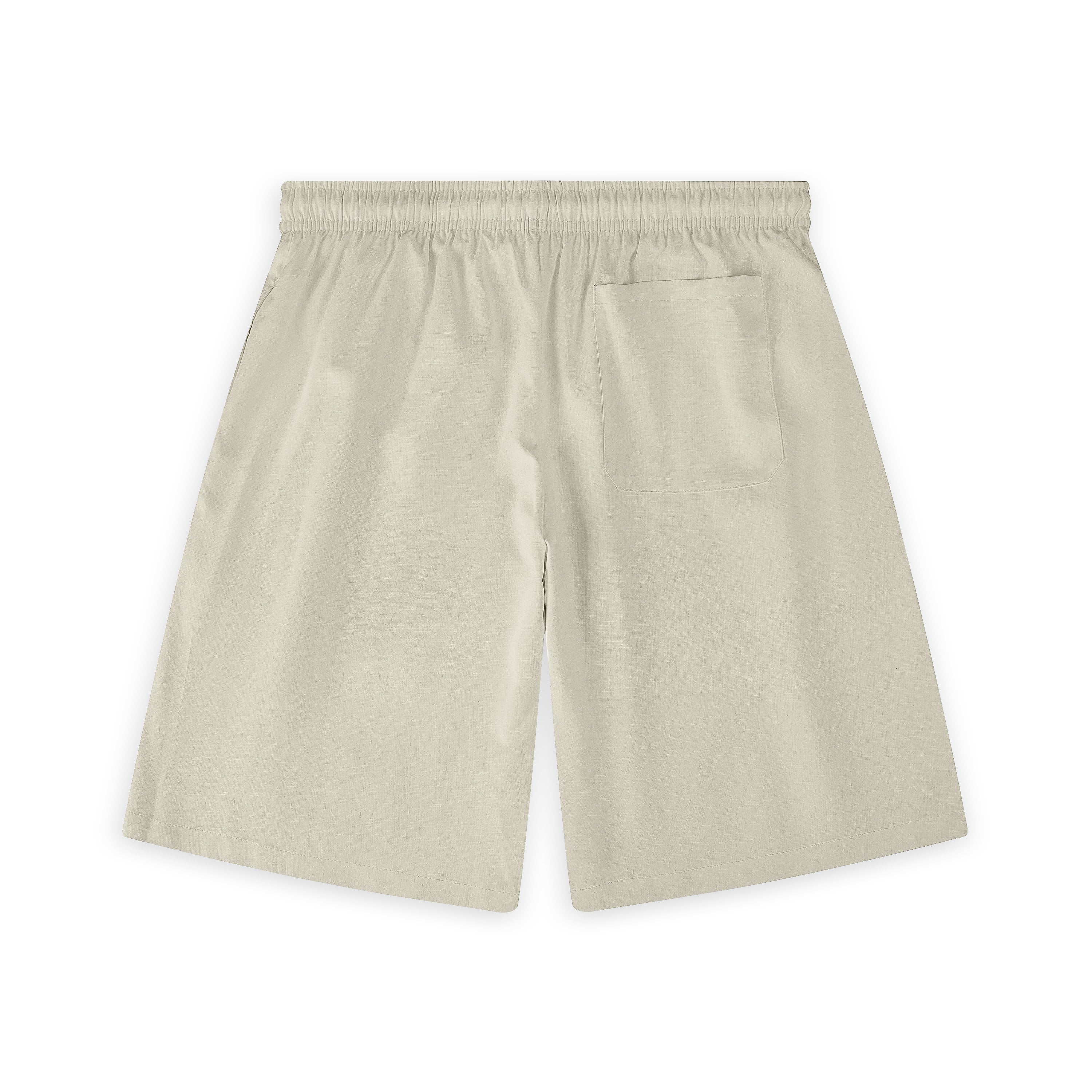 Beige shorts with elastic waistband and single back pocket, displayed.
