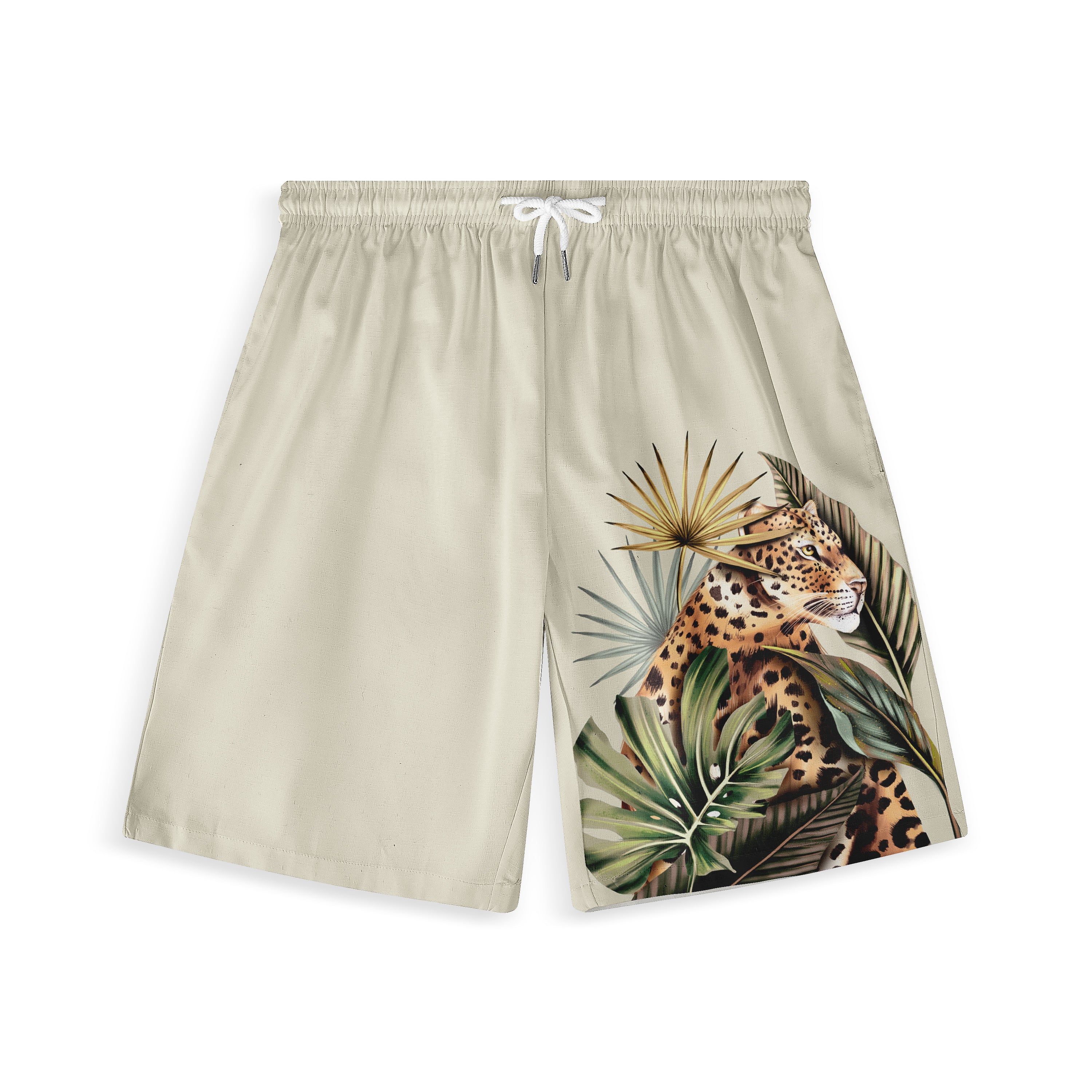 Beige shorts with a vibrant leopard and tropical leaves print on one.