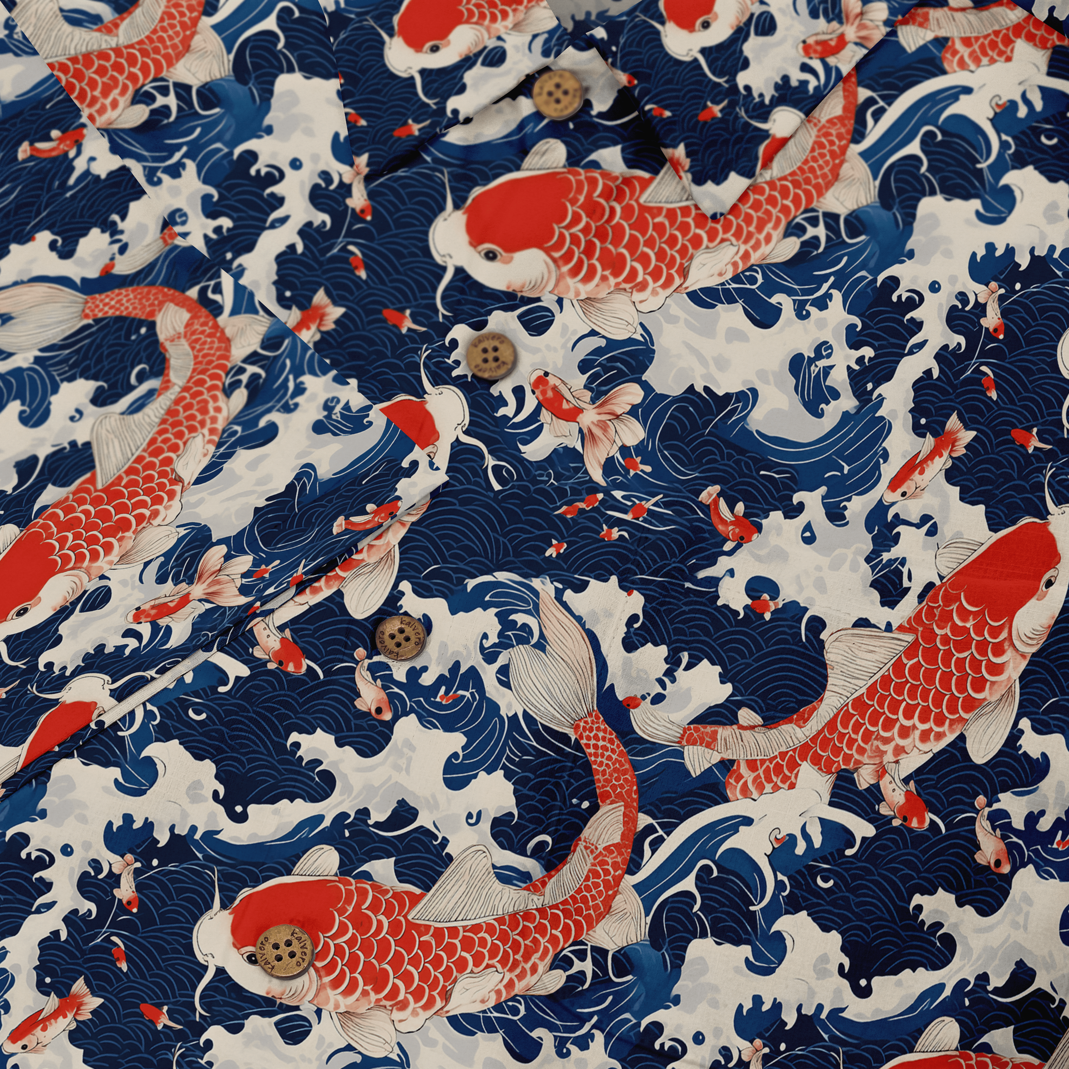 Red koi fish on blue waves fabric pattern.
