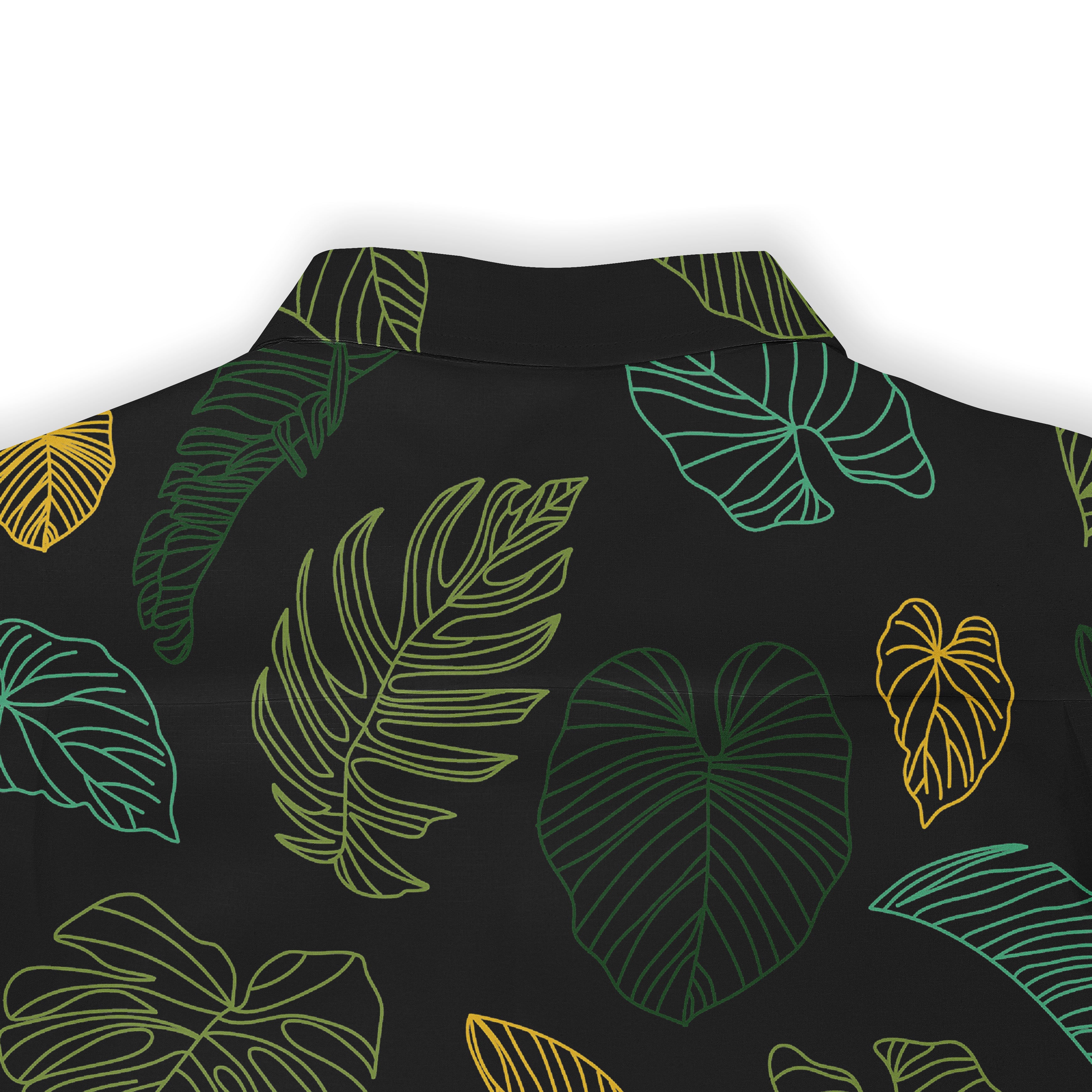 Black shirt with vibrant green and yellow tropical leaf patterns.